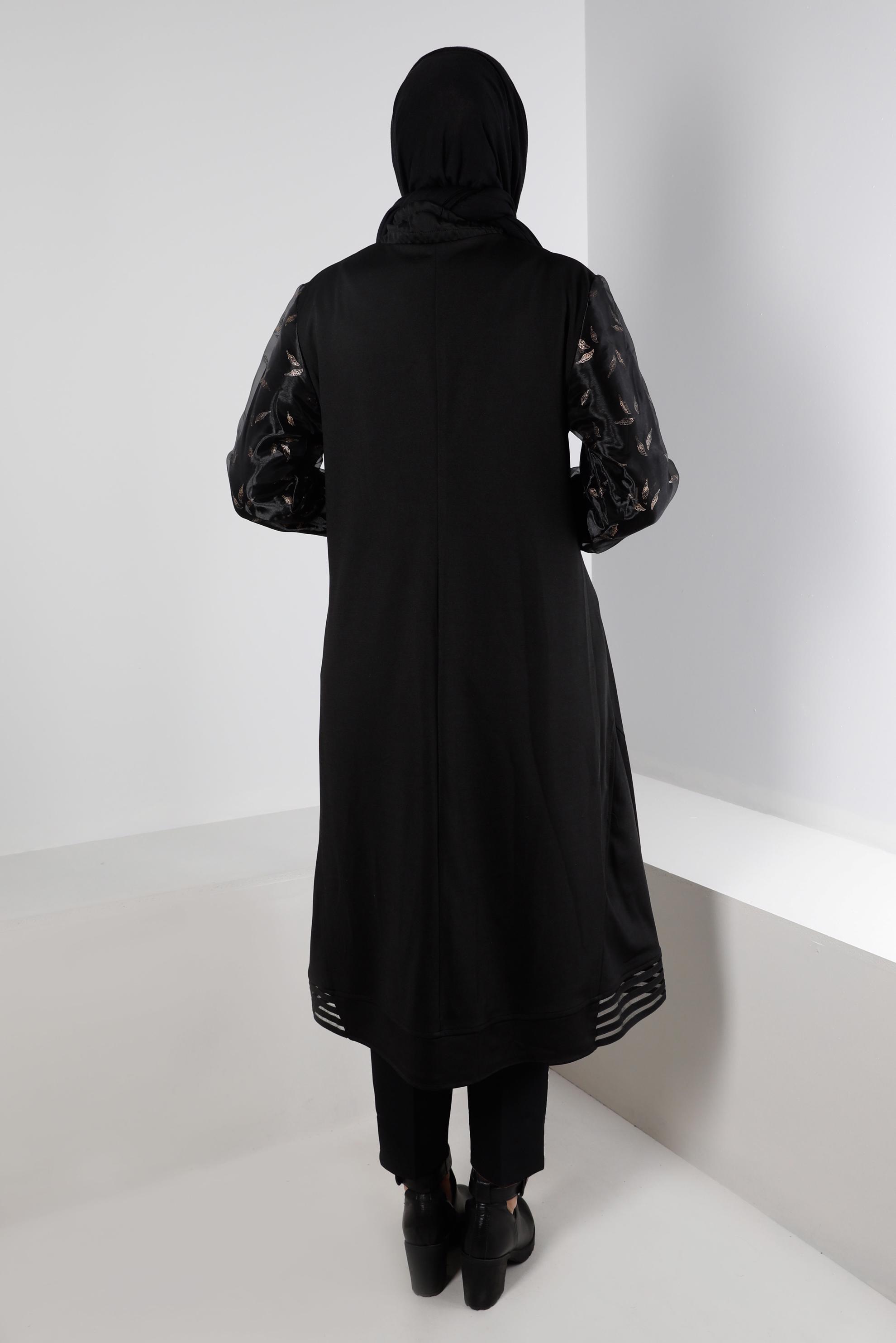 Hijab clothing BLACK PATTERNED COAT WITH TULLE DETAIL 20321