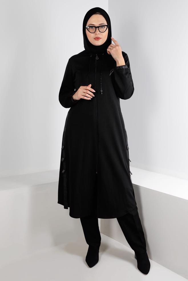 Vêtements hijab NOIR VESTE À CAPUCHE AVEC CEINTURE 20323 - ALVİNA