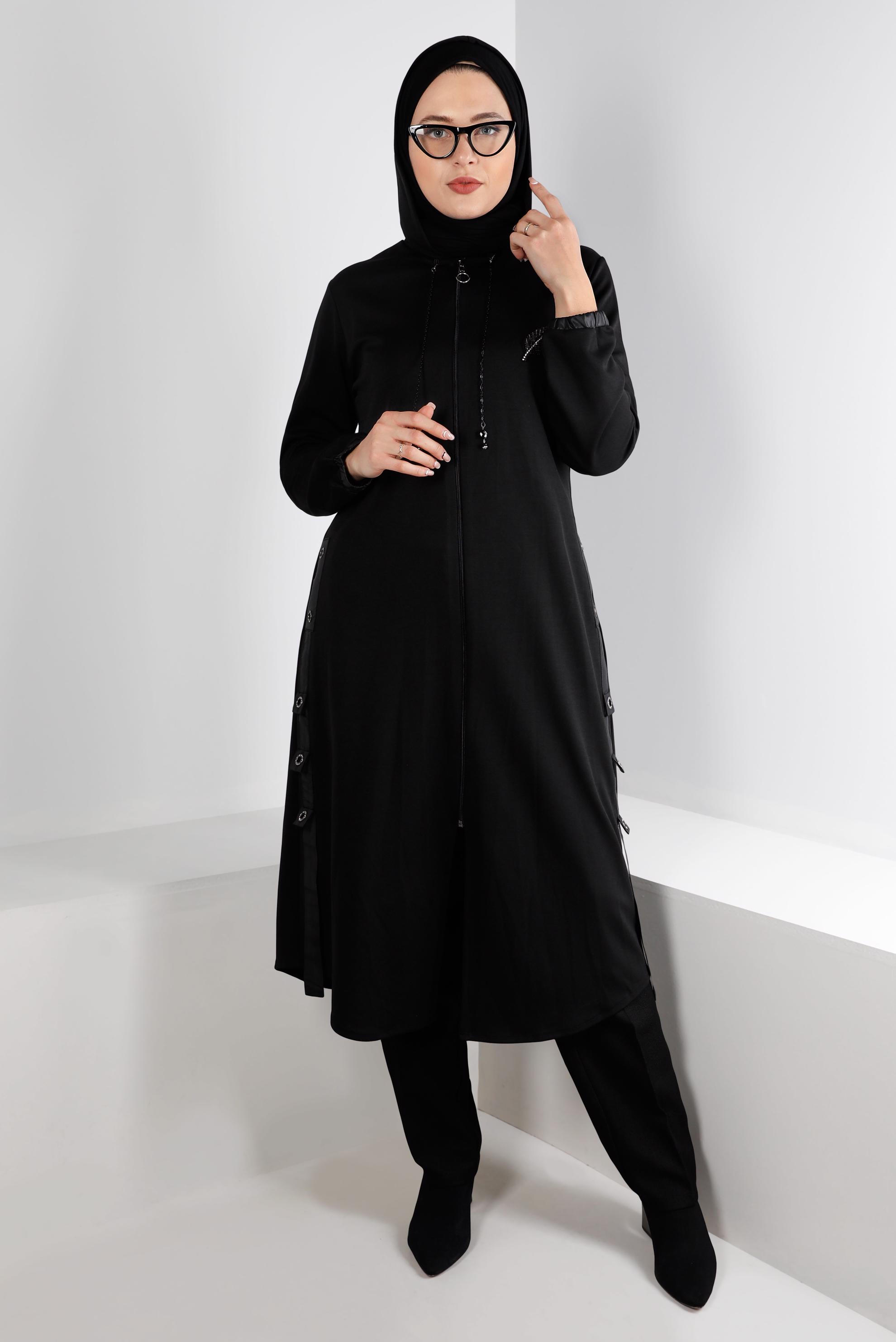 Hijab clothing BLACK HOODED JACKET WITH BELT DETAIL 20323