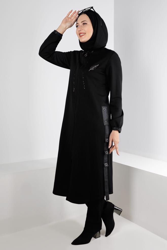 Vêtements hijab NOIR VESTE À CAPUCHE AVEC CEINTURE 20323 - ALVİNA