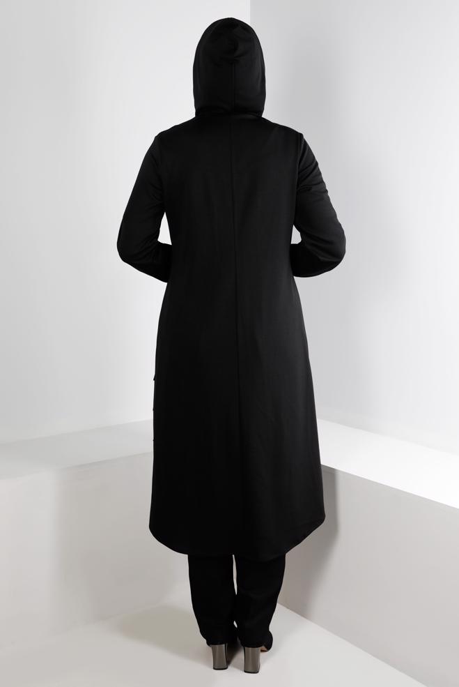 Vêtements hijab NOIR VESTE À CAPUCHE AVEC CEINTURE 20323 - ALVİNA