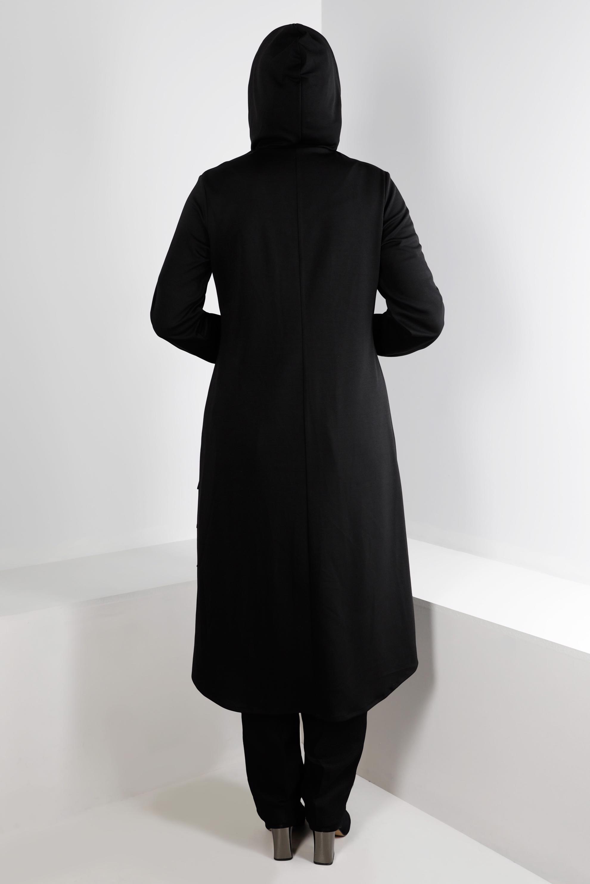 Hijab clothing BLACK HOODED JACKET WITH BELT DETAIL 20323