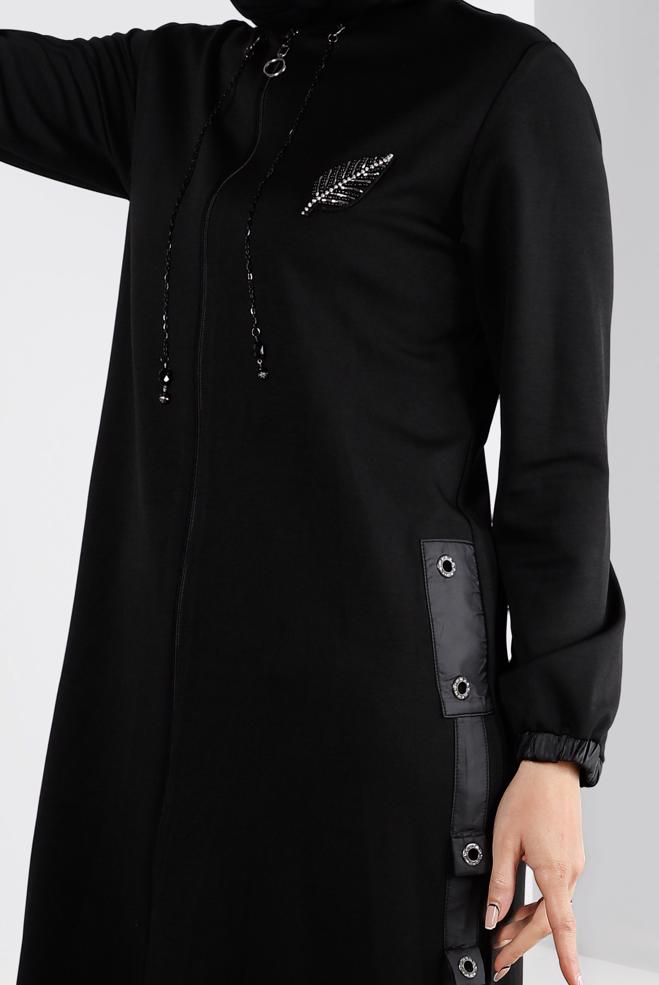 Vêtements hijab NOIR VESTE À CAPUCHE AVEC CEINTURE 20323 - ALVİNA