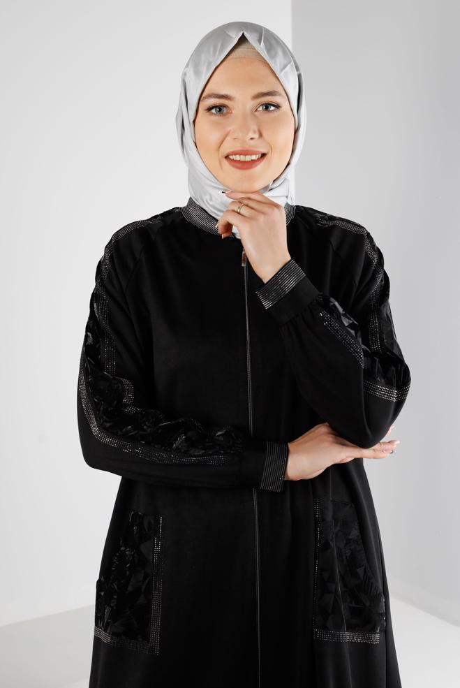 Hijab clothing BLACK JEWELLED PATTERNED COAT WITH POCKET DETAIL 20324 - ALVİNA