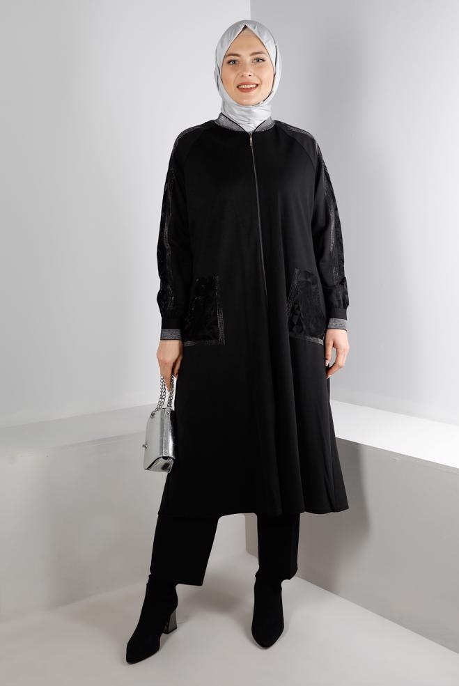 Hijab clothing BLACK JEWELLED PATTERNED COAT WITH POCKET DETAIL 20324 - ALVİNA