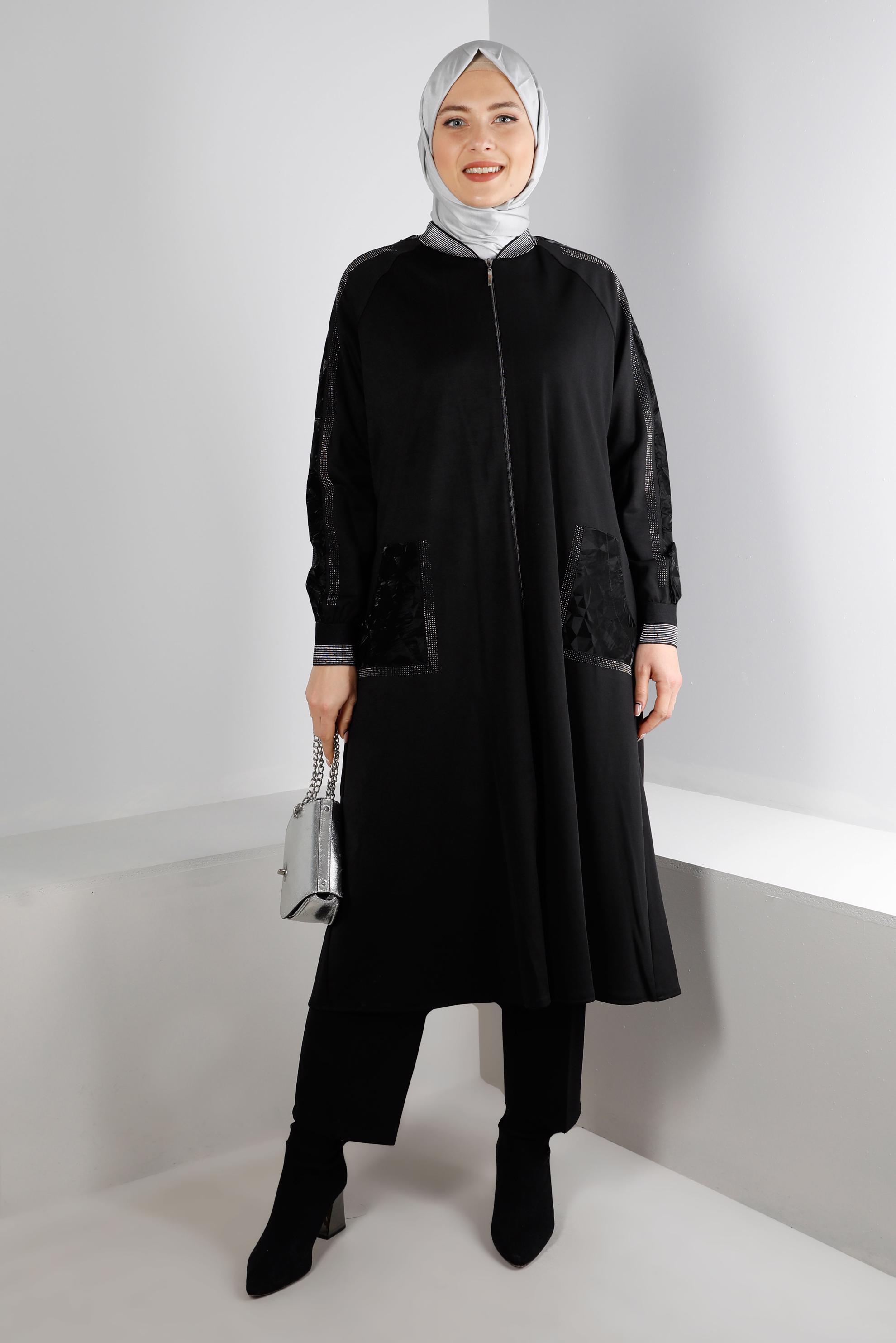 Tesettür giyim SİYAH TAŞ DETAYLI DESENLİ CEPLİ GİY ÇIK 20324