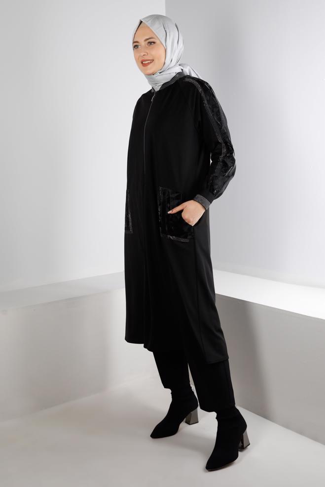 Hijab clothing BLACK JEWELLED PATTERNED COAT WITH POCKET DETAIL 20324 - ALVİNA