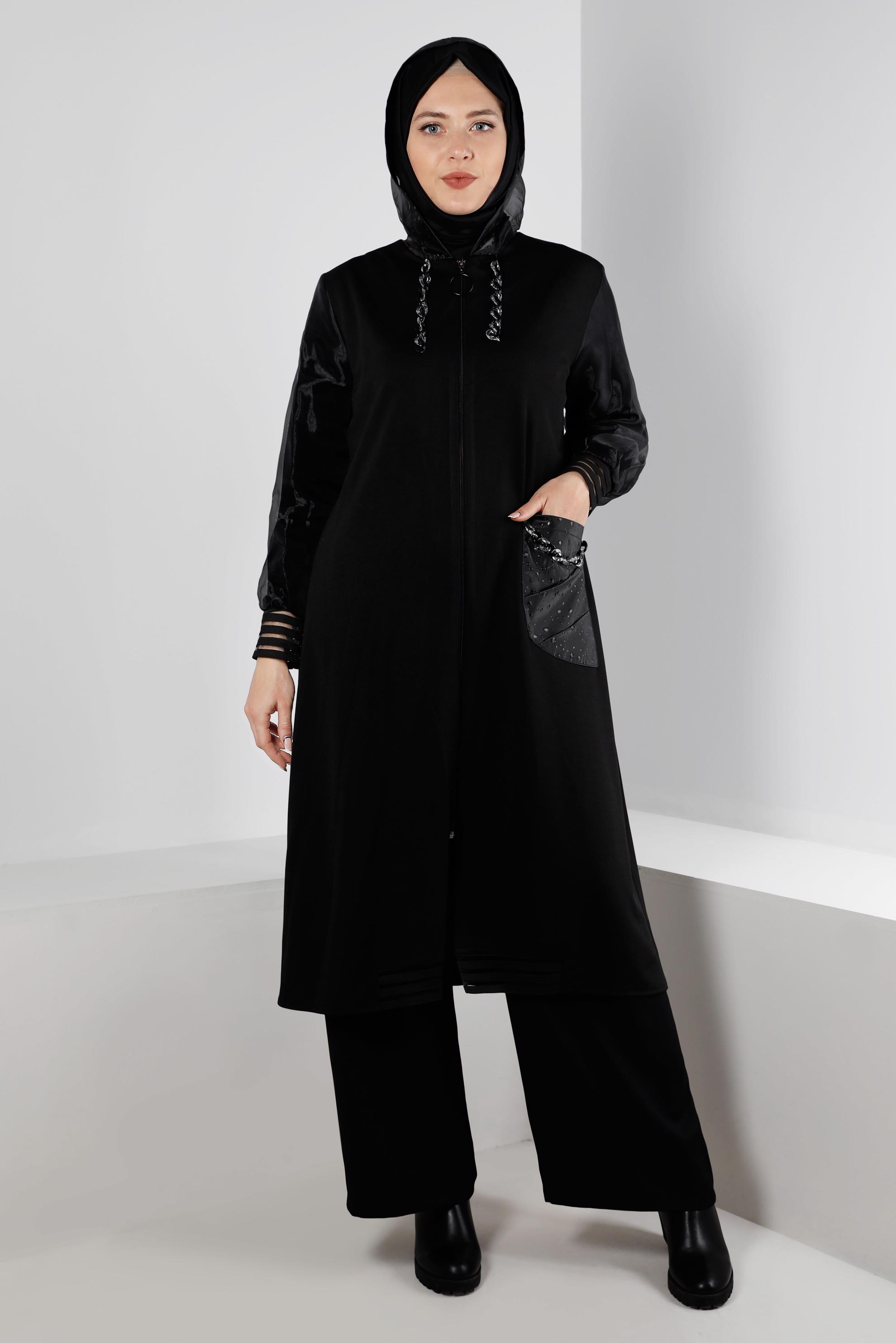 Tesettür giyim SİYAH KAPÜŞONLU TÜL DETAYLI GİY ÇIK 20325