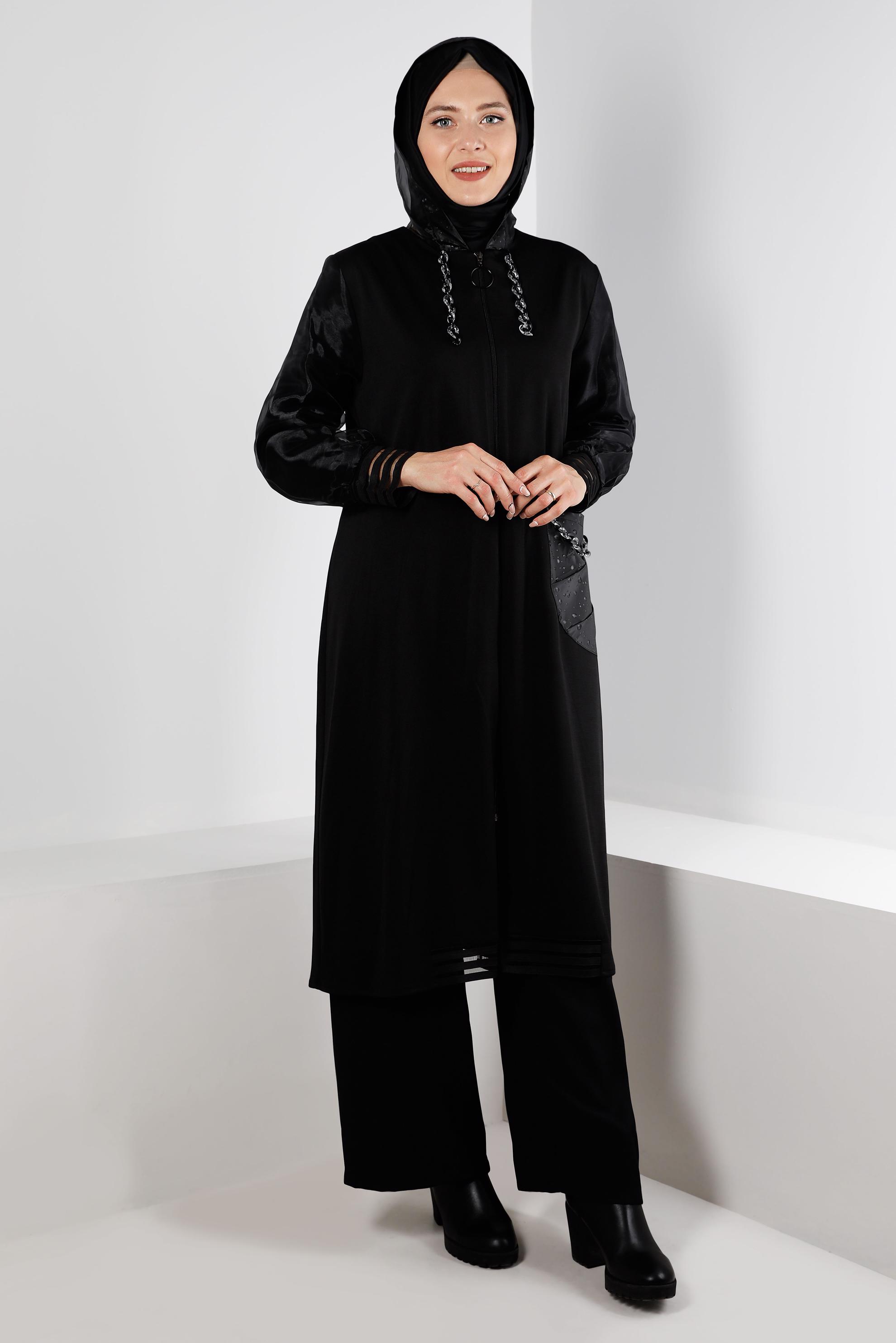 Tesettür giyim SİYAH KAPÜŞONLU TÜL DETAYLI GİY ÇIK 20325