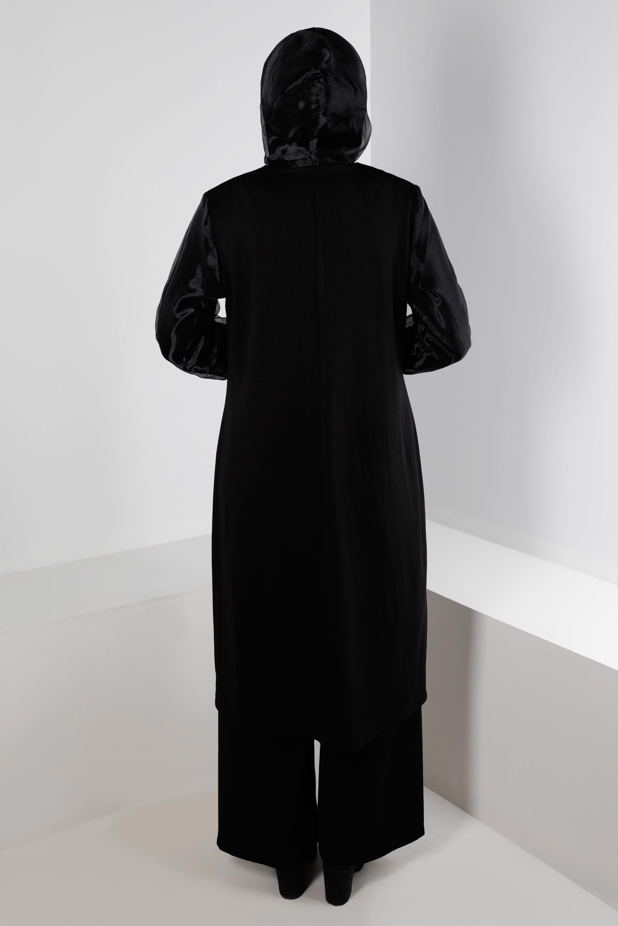 Tesettür giyim SİYAH KAPÜŞONLU TÜL DETAYLI GİY ÇIK 20325