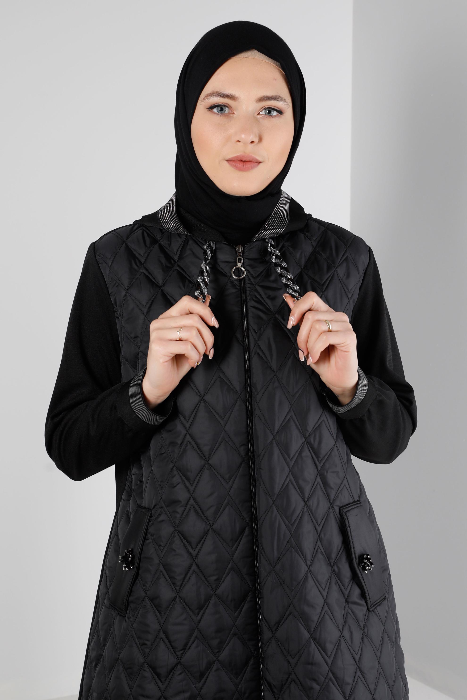 Hijab clothing BLACK QUILTED JACKET WITH JEWELLED HOODED 20328