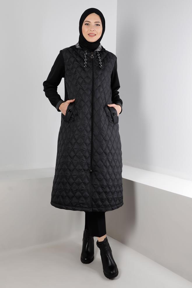 Hijab clothing BLACK QUILTED JACKET WITH JEWELLED HOODED 20328 - ALVİNA