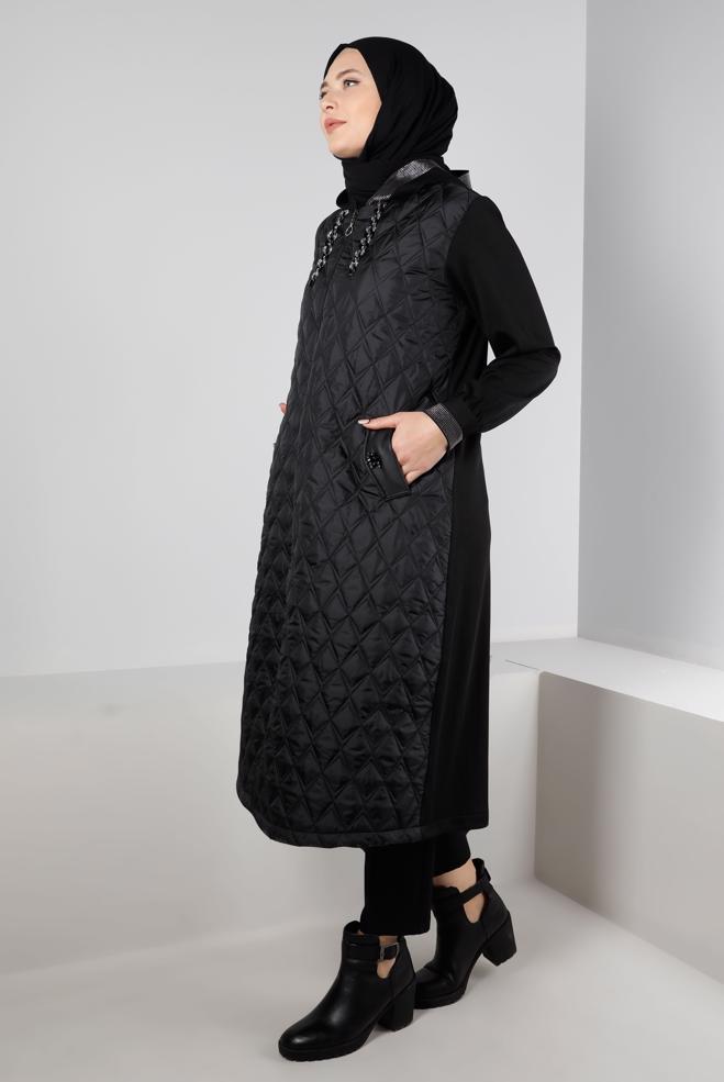 Hijab clothing BLACK QUILTED JACKET WITH JEWELLED HOODED 20328 - ALVİNA