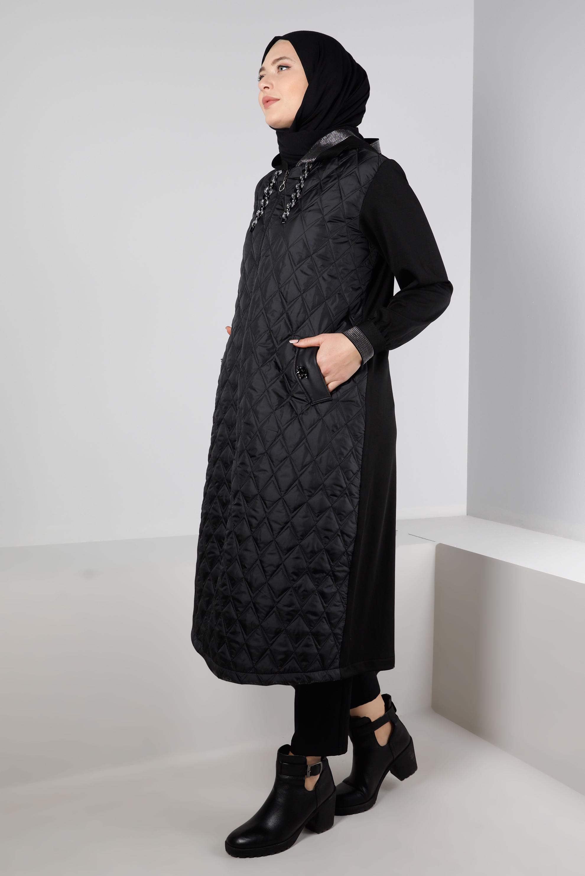 Hijab clothing BLACK QUILTED JACKET WITH JEWELLED HOODED 20328