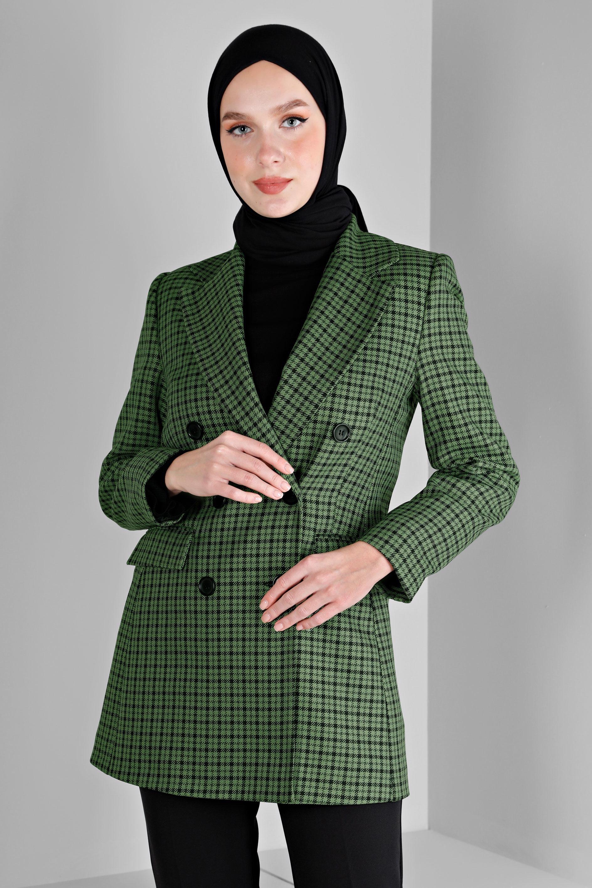 Tesettür giyim YEŞİL EKOSE DESENLİ KLASİK CEKET 43272 