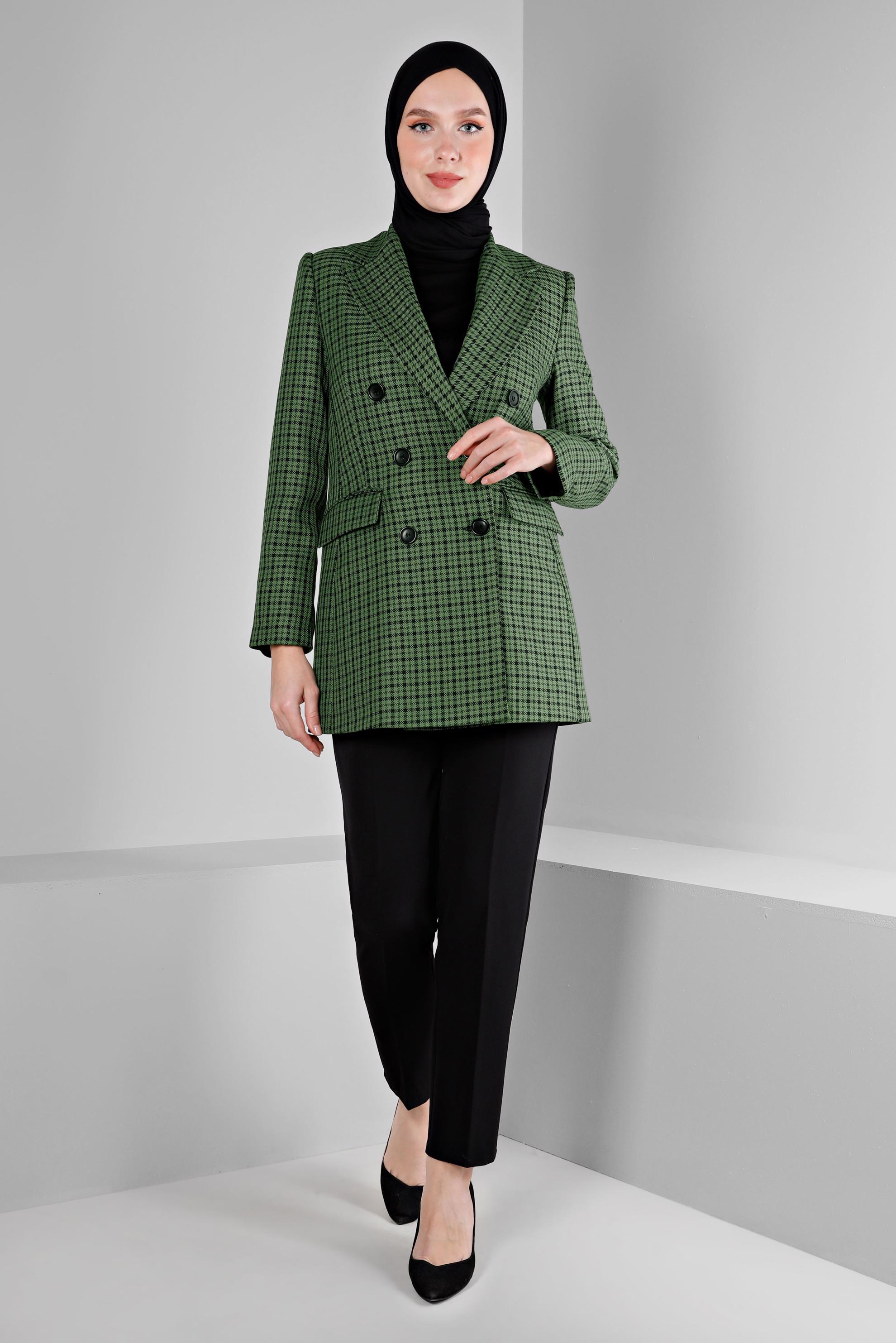 Tesettür giyim YEŞİL EKOSE DESENLİ KLASİK CEKET 43272 