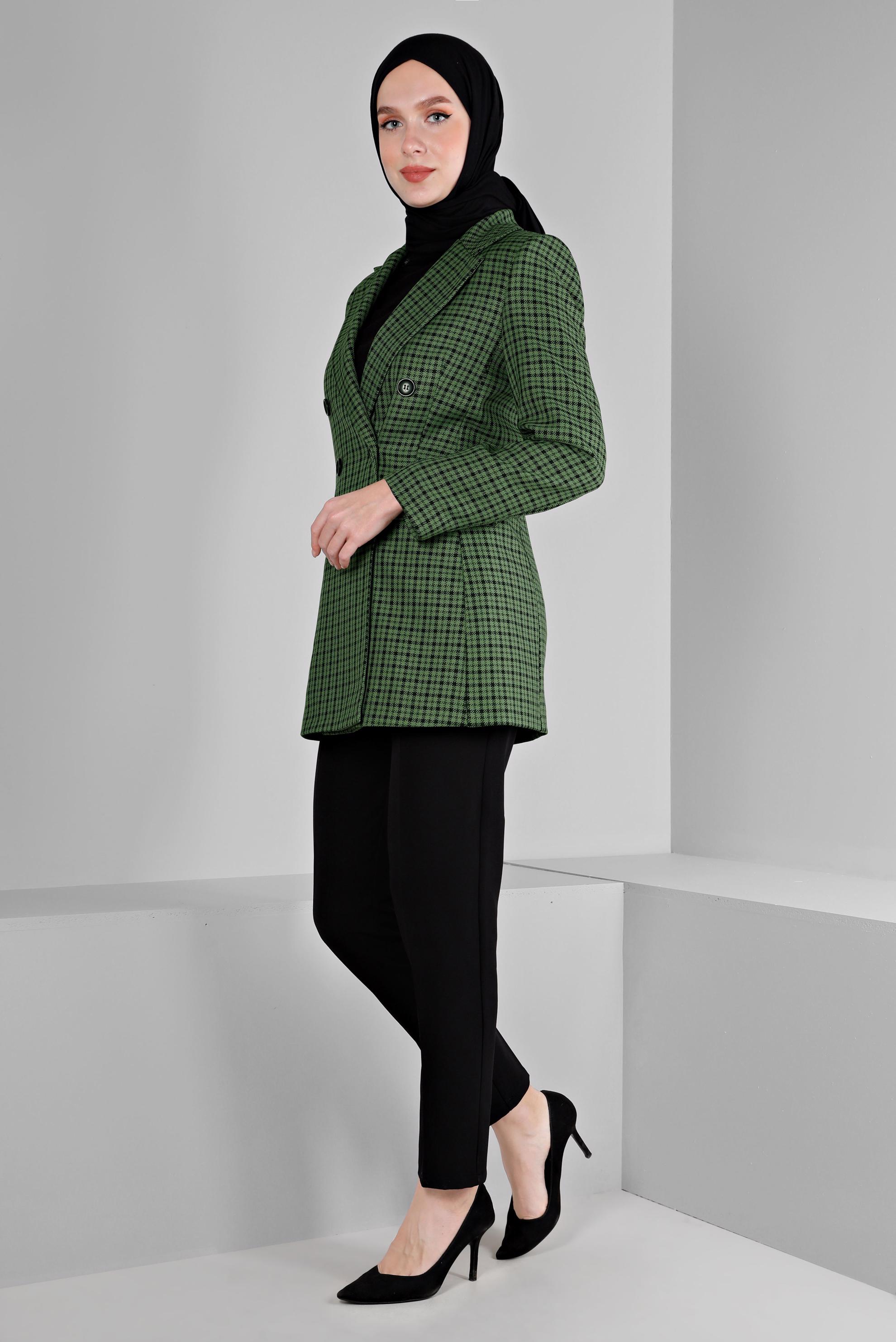 Tesettür giyim YEŞİL EKOSE DESENLİ KLASİK CEKET 43272 