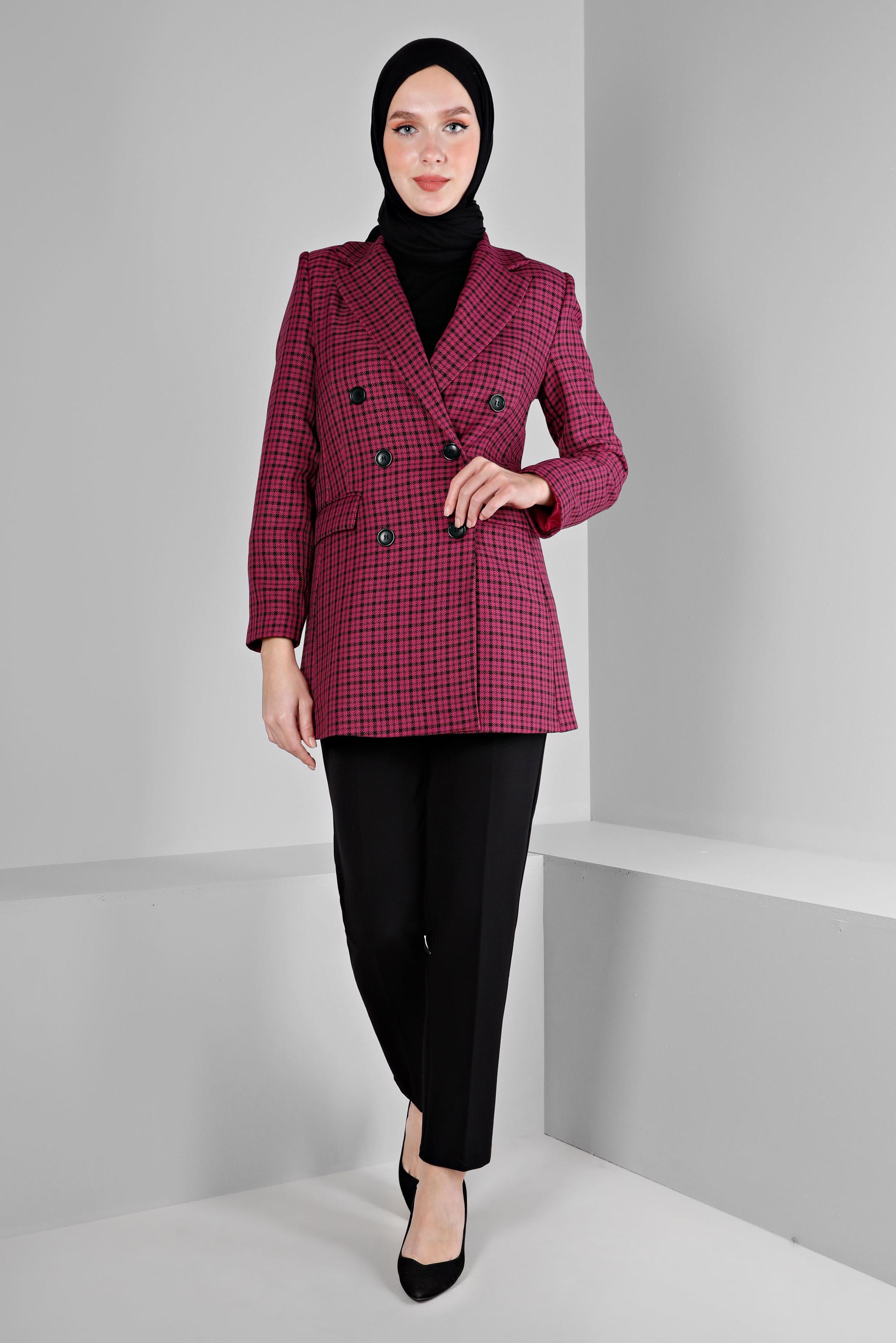 Hijab clothing FUCHSIA PLAID PATTERN CLASSIC JACKET 43272 