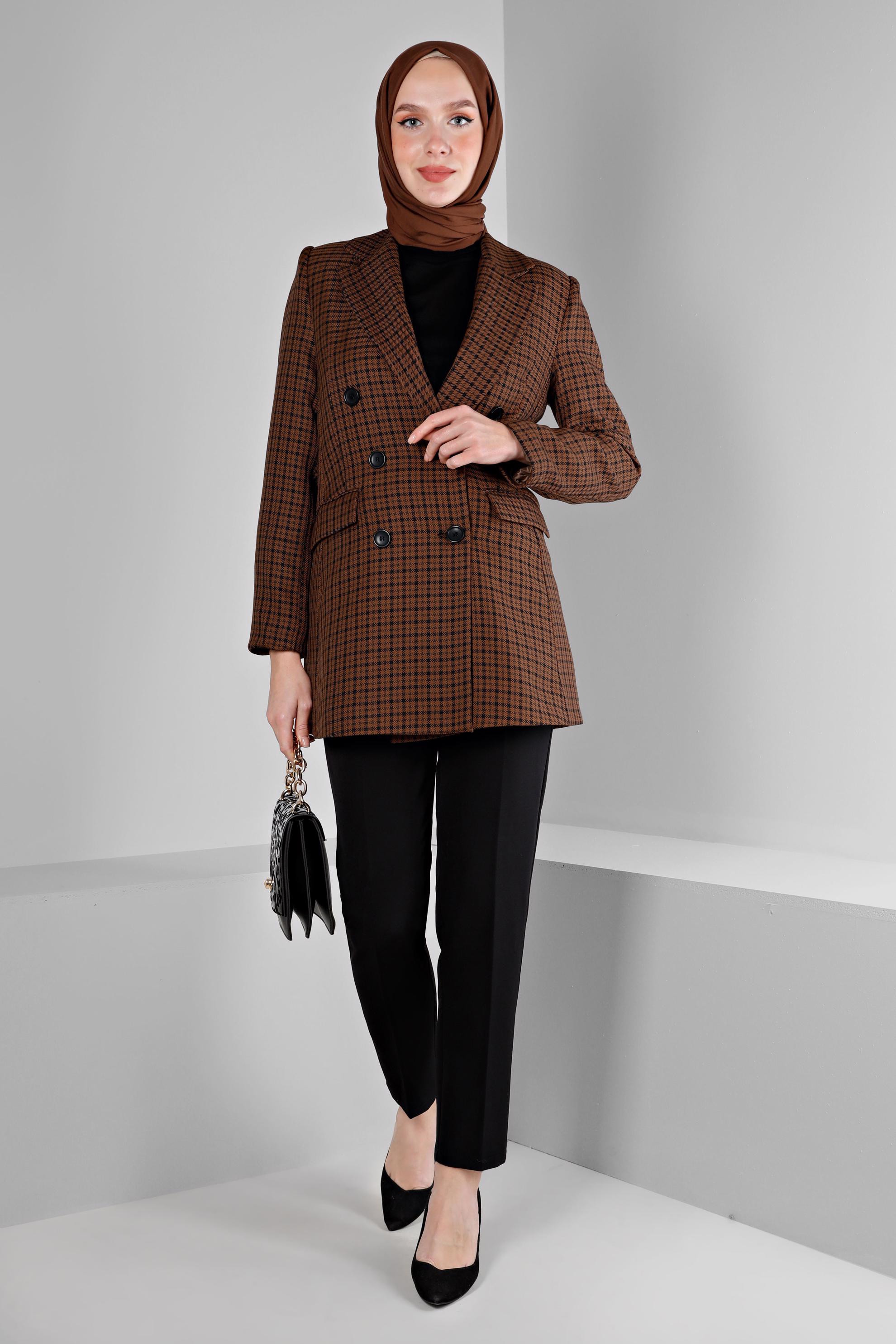 Tesettür giyim TABA EKOSE DESENLİ KLASİK CEKET 43272 