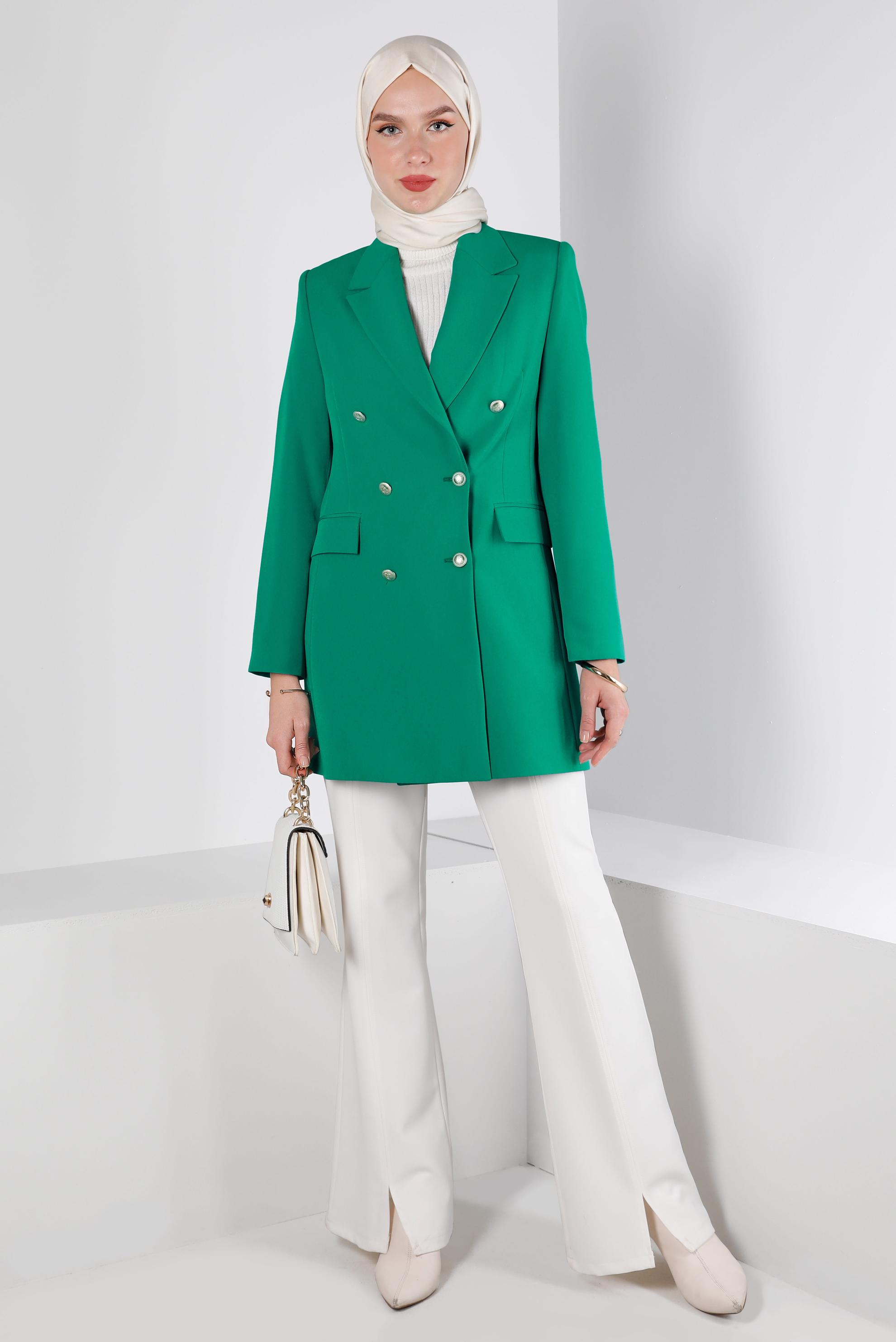 Tesettür giyim YEŞİL KRUVAZE YAKA DÜĞMELİ CEKET 43282