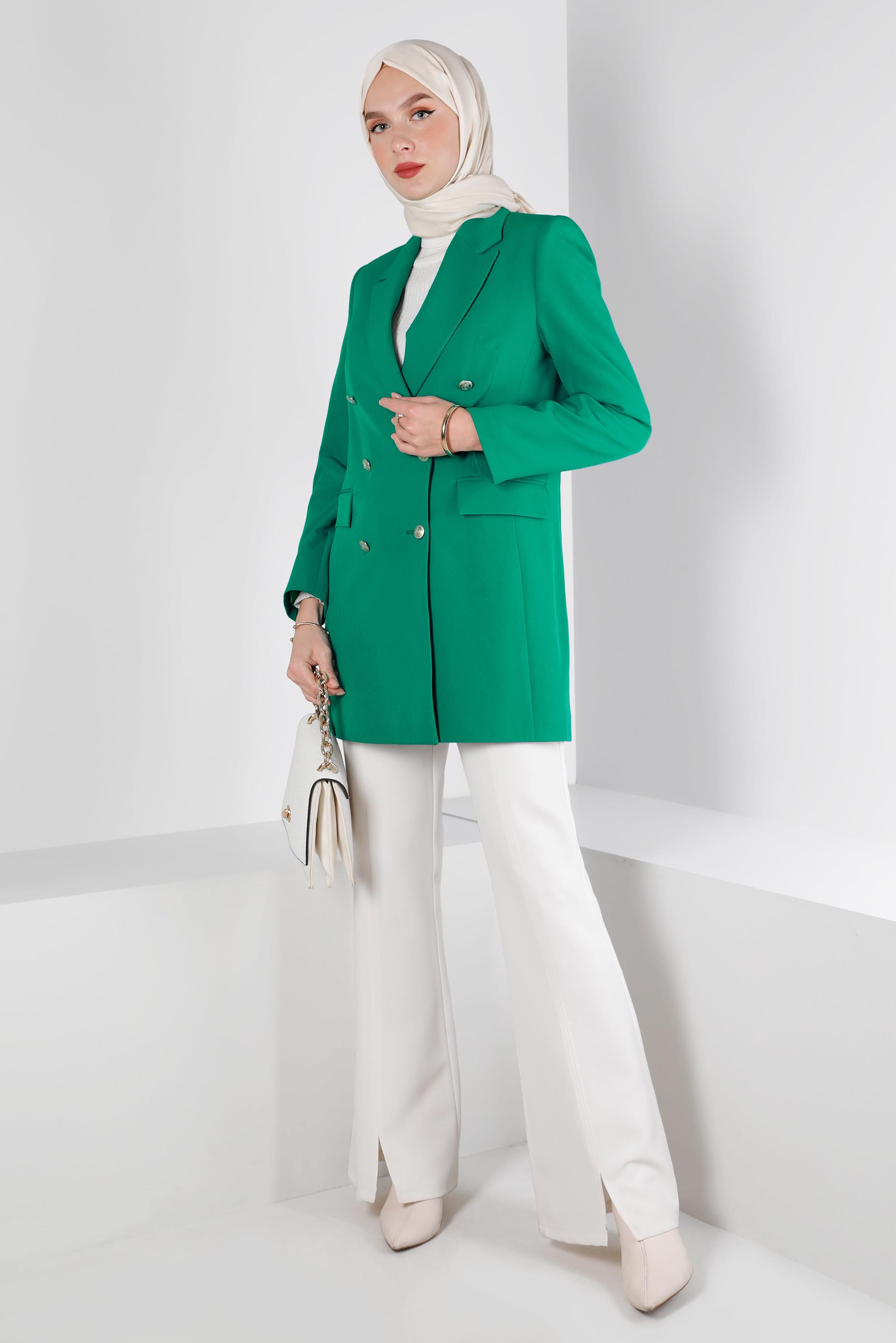 Tesettür giyim YEŞİL KRUVAZE YAKA DÜĞMELİ CEKET 43282