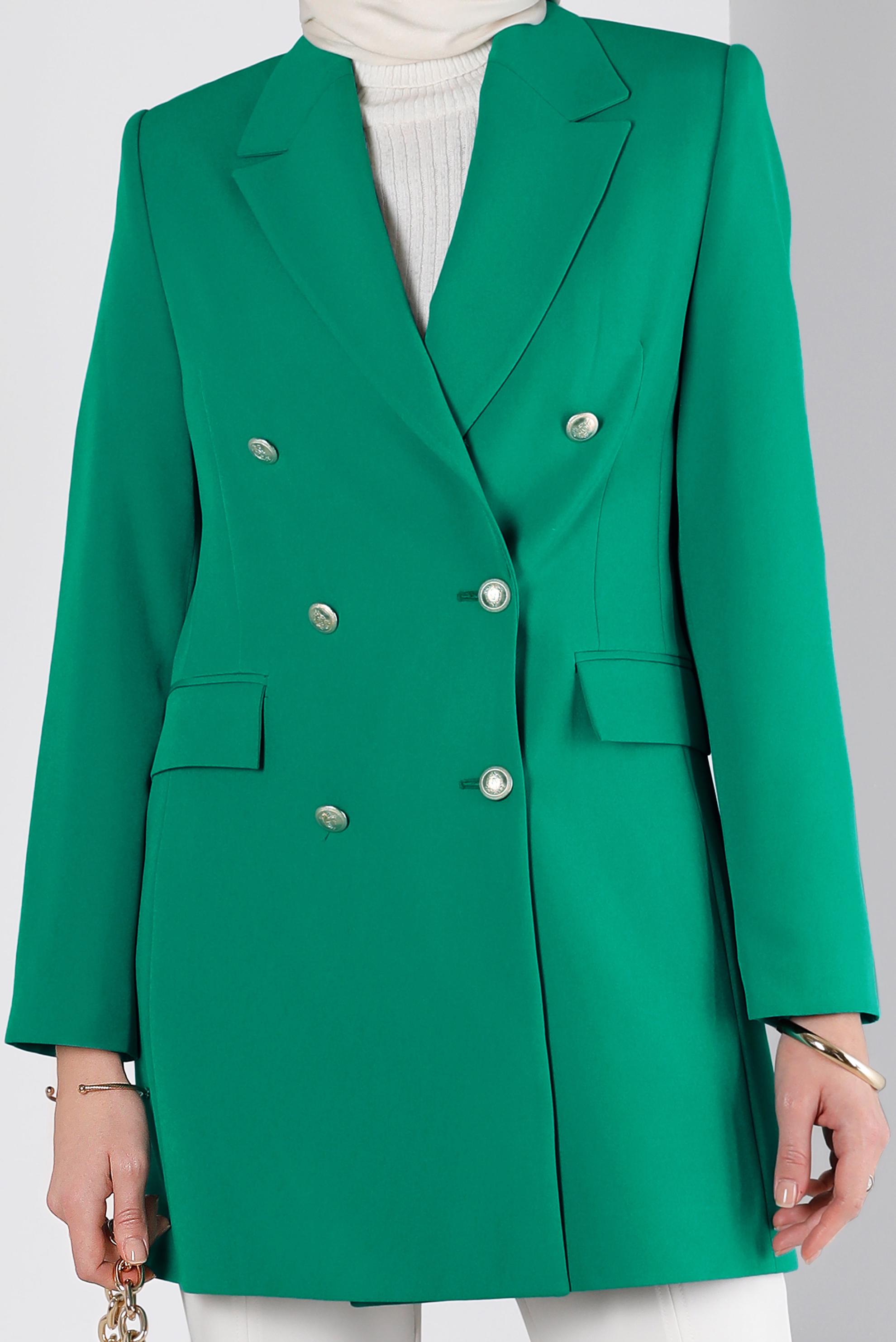 Tesettür giyim YEŞİL KRUVAZE YAKA DÜĞMELİ CEKET 43282