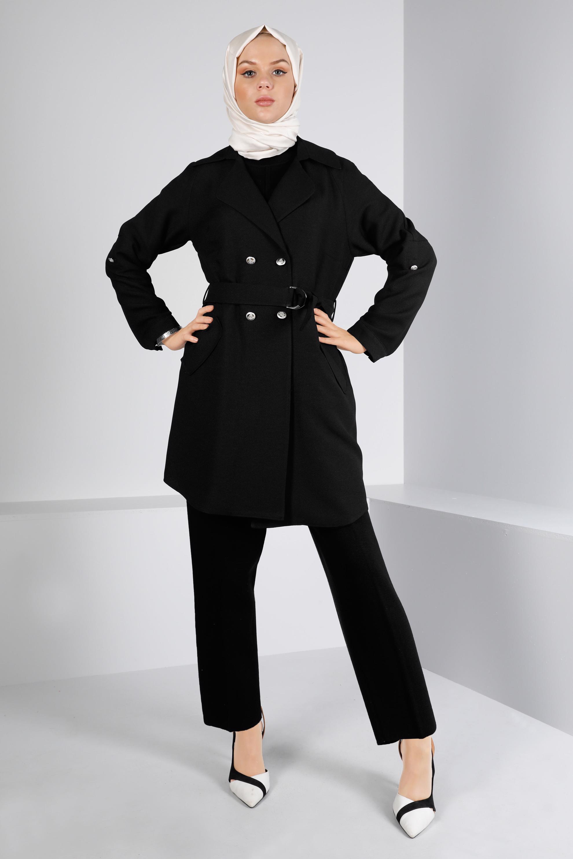 Tesettür giyim SİYAH KUŞAKLI DÜĞMELİ CEKET 43362 