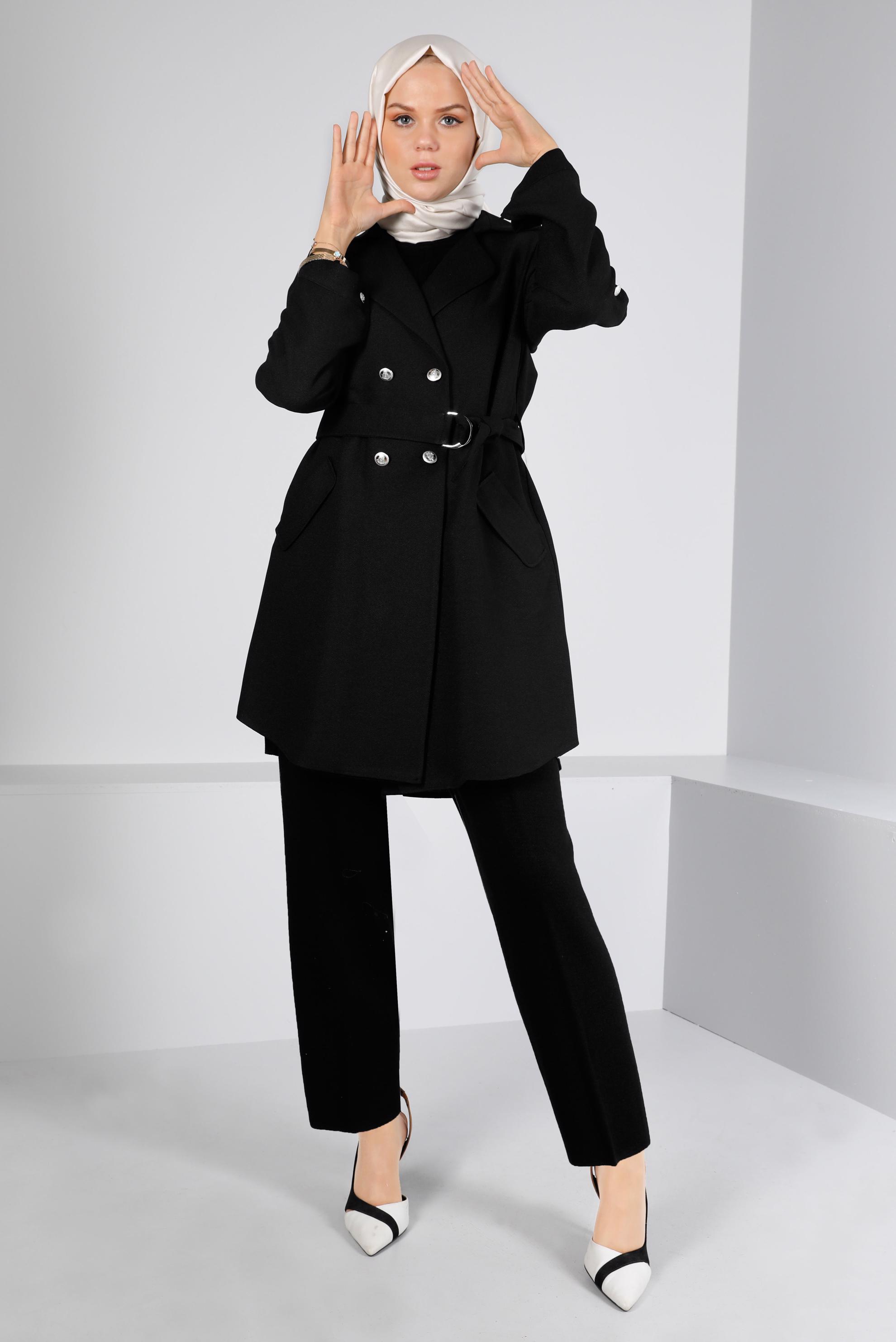 Tesettür giyim SİYAH KUŞAKLI DÜĞMELİ CEKET 43362 