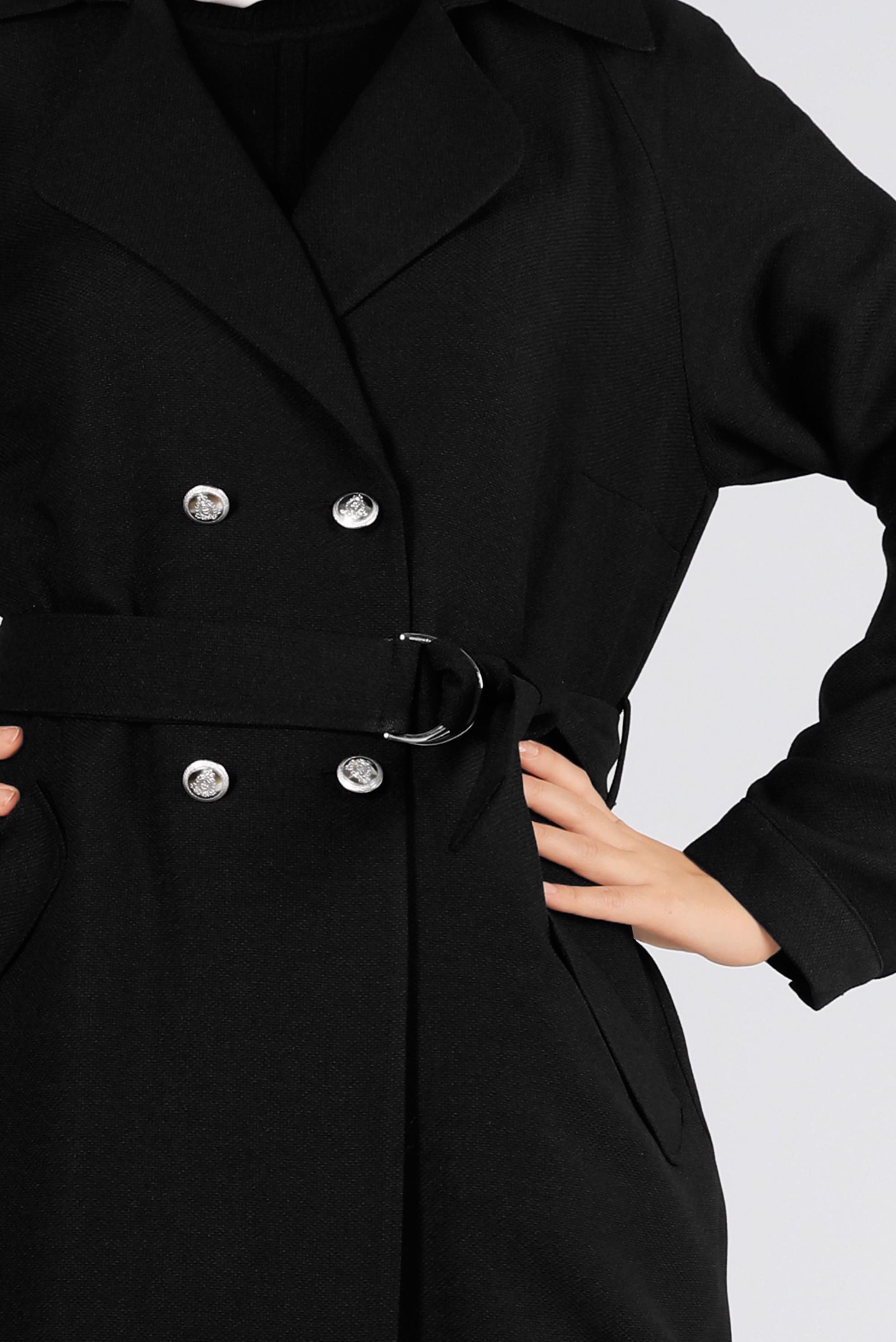 Tesettür giyim SİYAH KUŞAKLI DÜĞMELİ CEKET 43362 