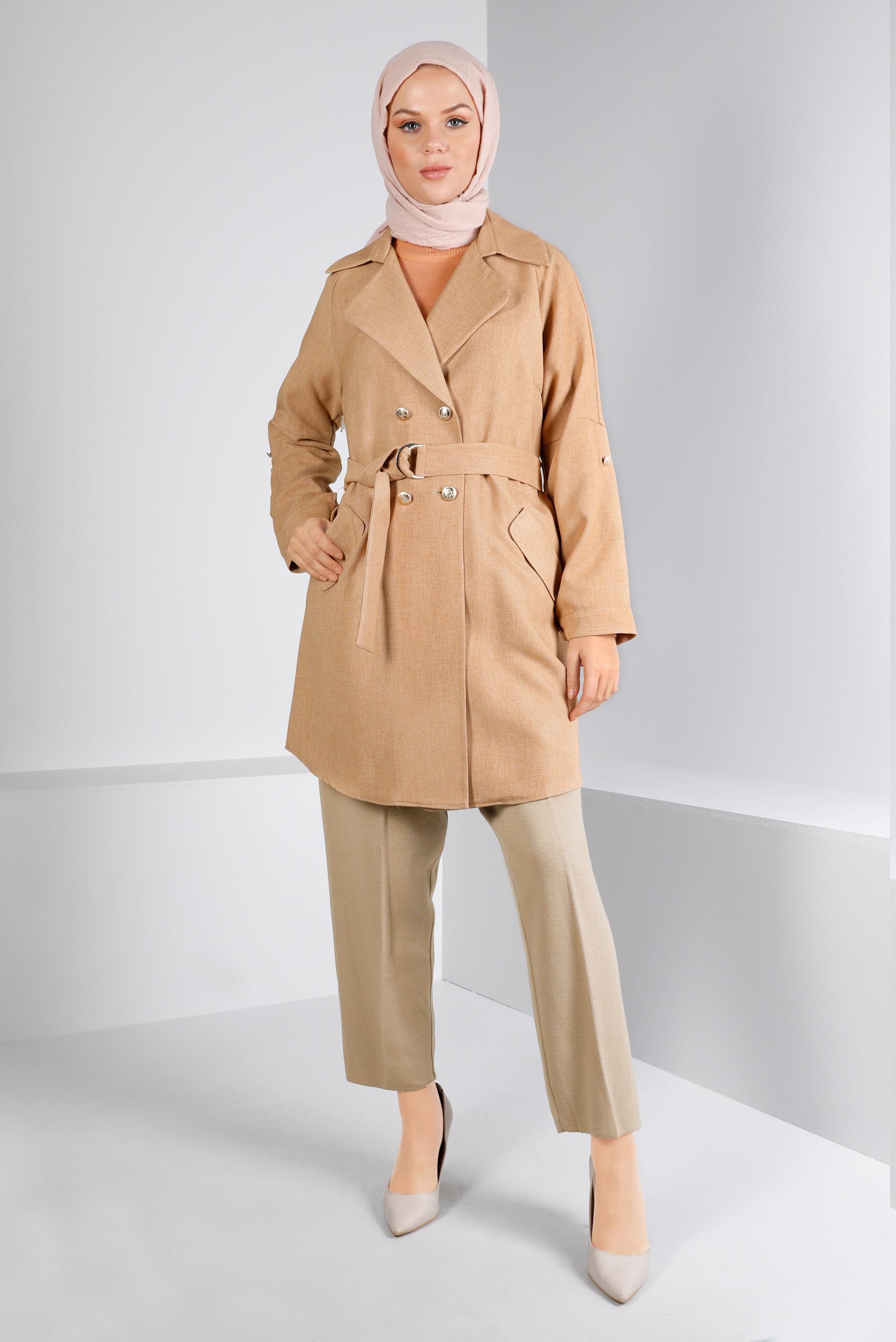 Tesettür giyim KAHVE KUŞAKLI DÜĞMELİ CEKET 43362 