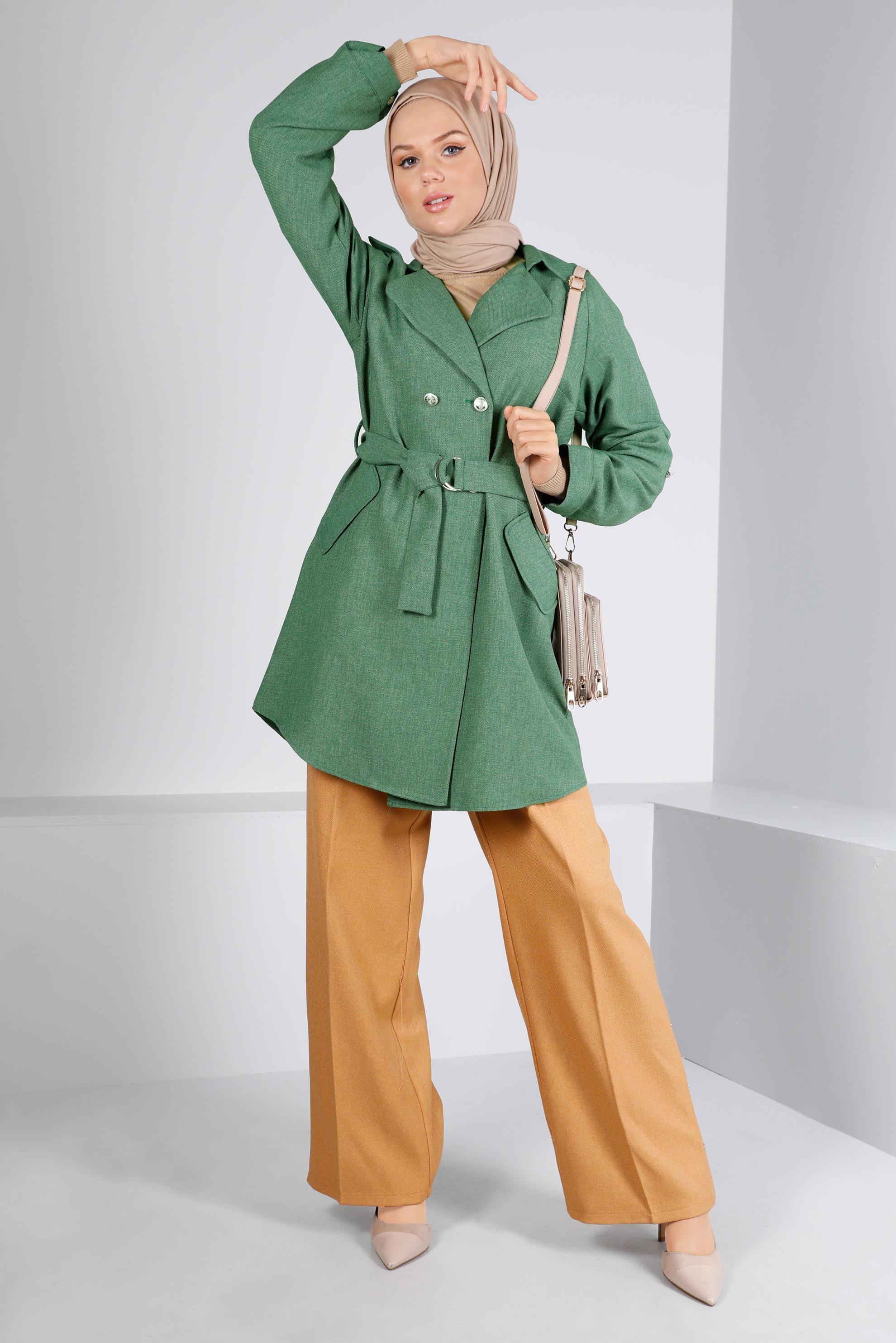 Tesettür giyim HAKİ KUŞAKLI DÜĞMELİ CEKET 43362 