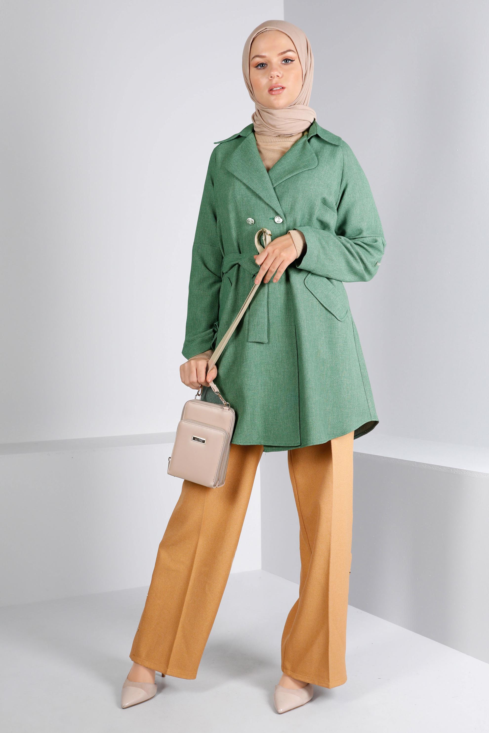 Tesettür giyim HAKİ KUŞAKLI DÜĞMELİ CEKET 43362 