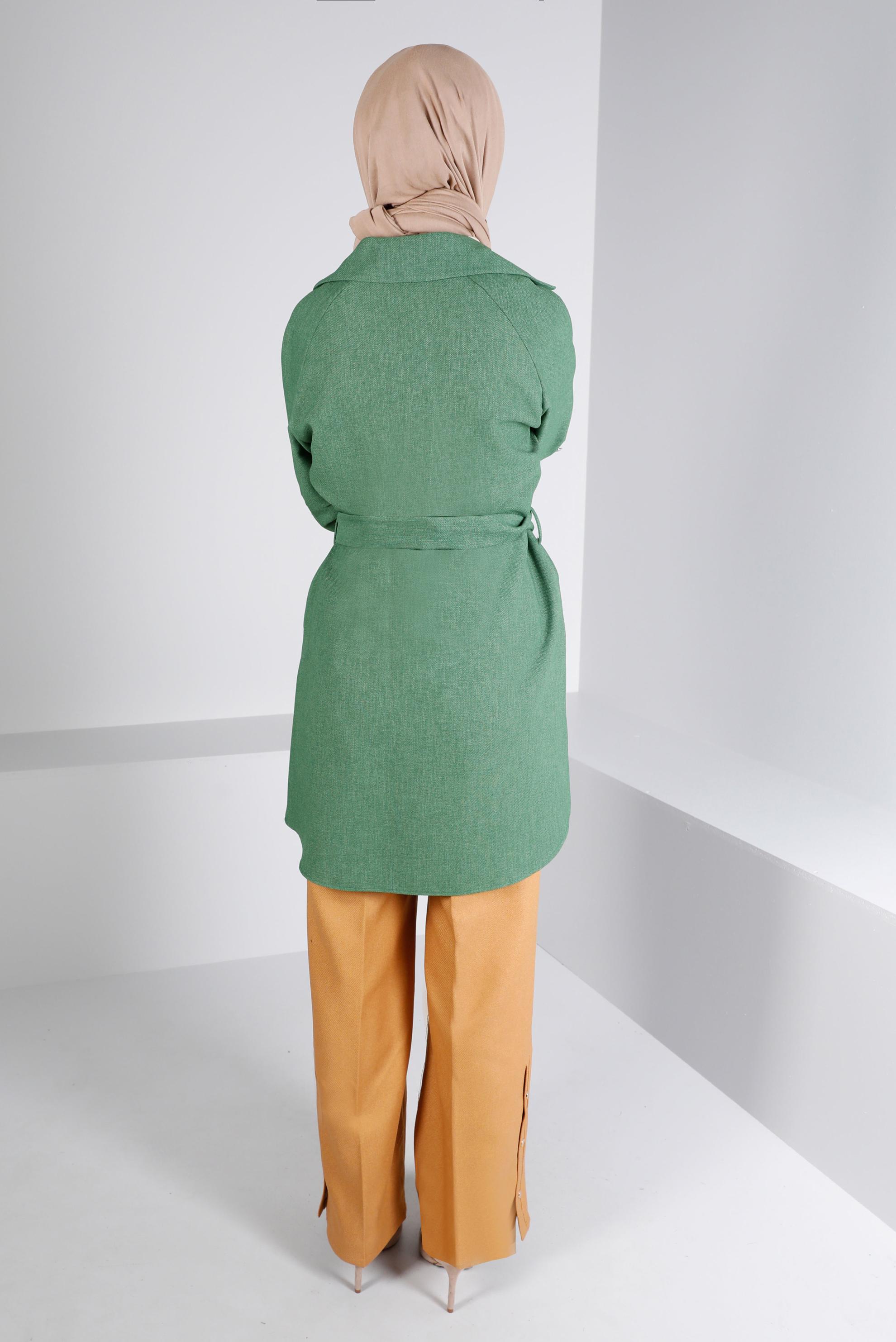 Tesettür giyim HAKİ KUŞAKLI DÜĞMELİ CEKET 43362 