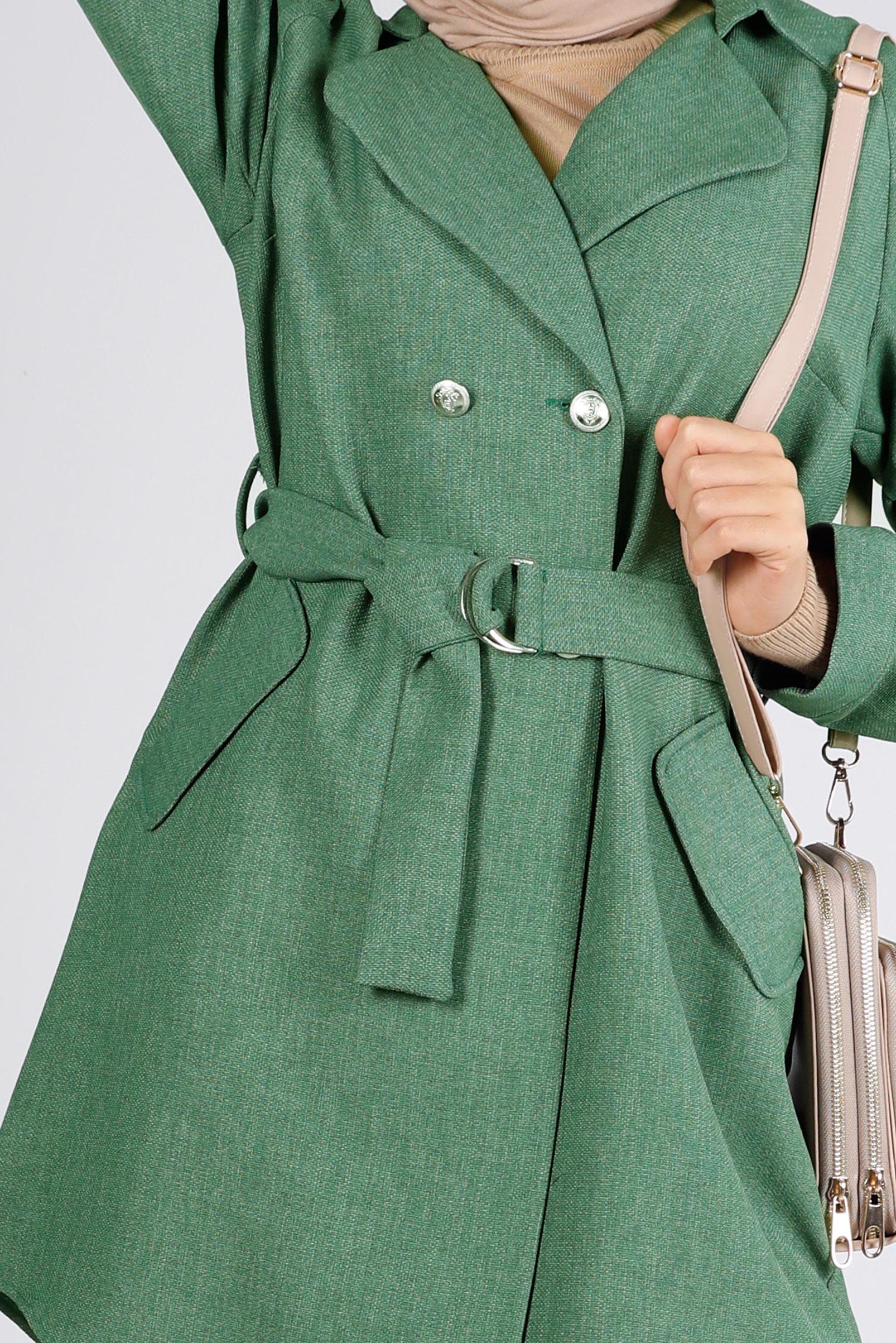 Tesettür giyim HAKİ KUŞAKLI DÜĞMELİ CEKET 43362 