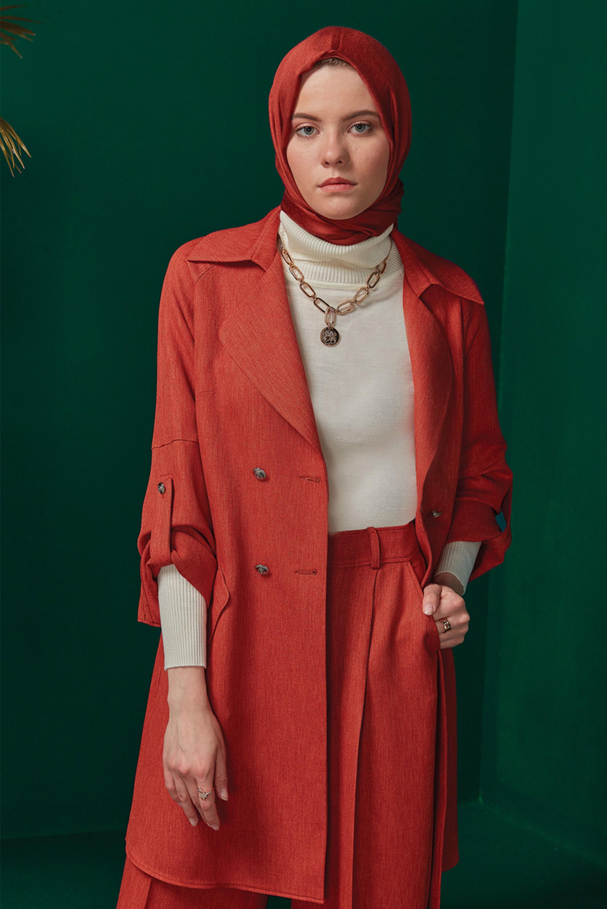 Vêtements hijab ORANGE VESTE BOUTONNÉE AVEC CEINTURE 43362