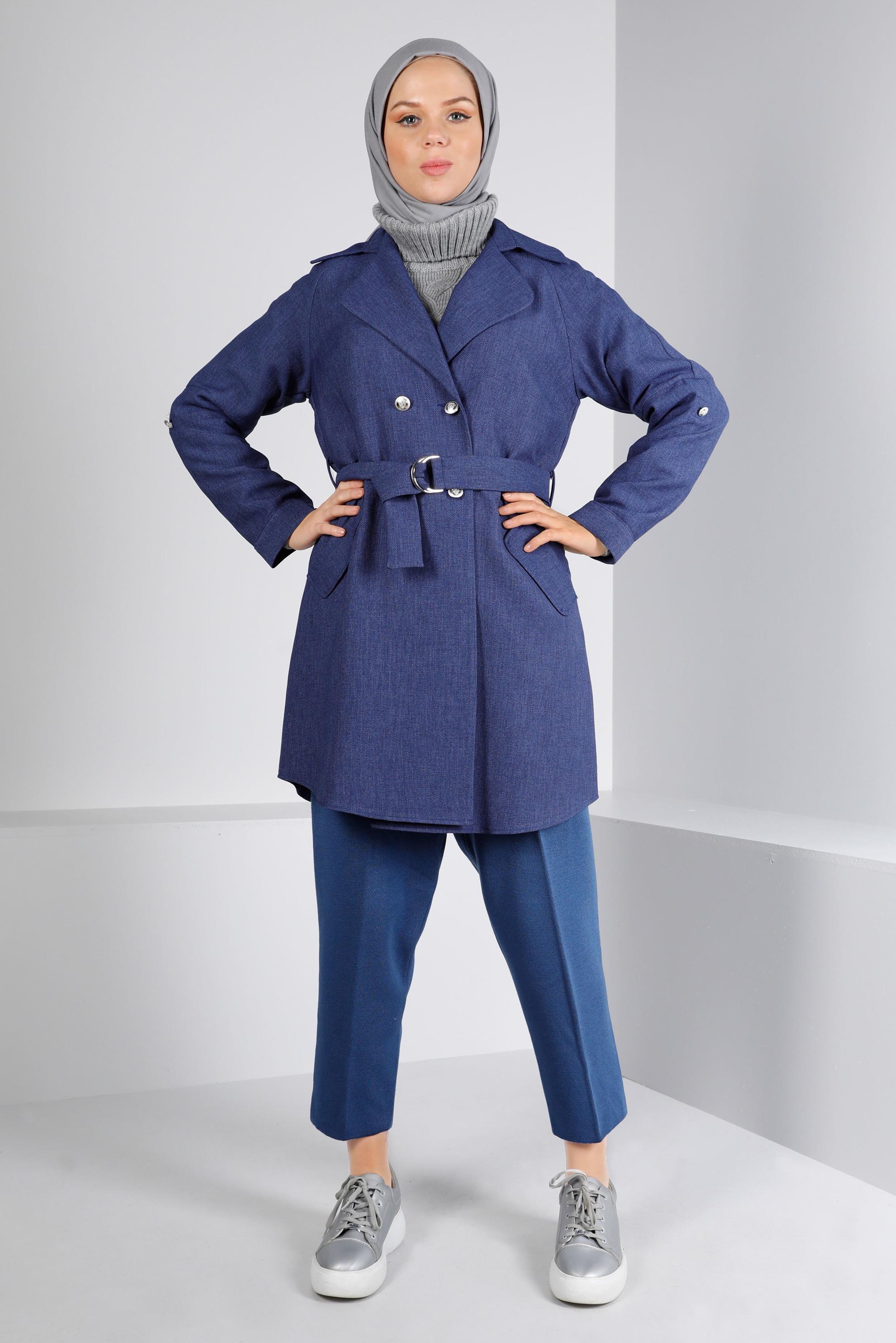 Tesettür giyim LACİVERT KUŞAKLI DÜĞMELİ CEKET 43362 