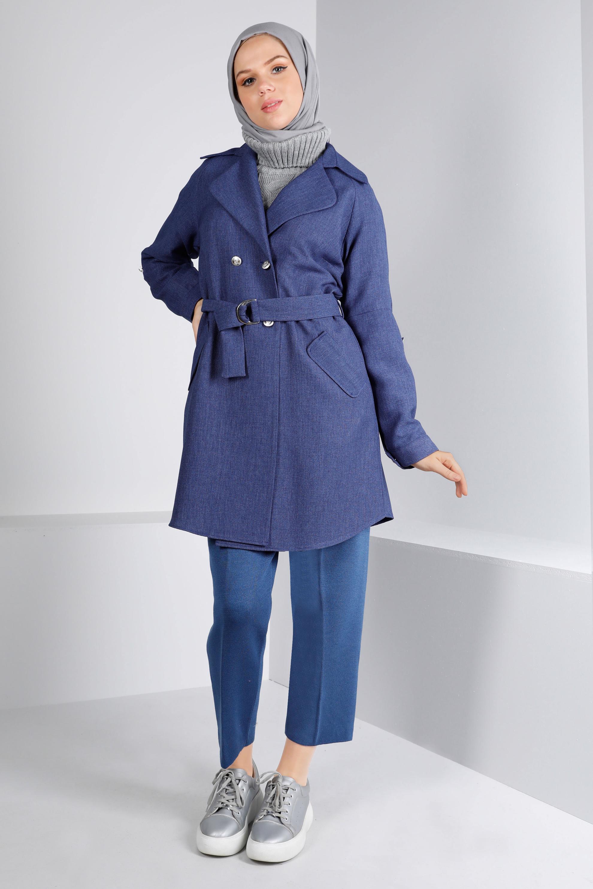Tesettür giyim LACİVERT KUŞAKLI DÜĞMELİ CEKET 43362 