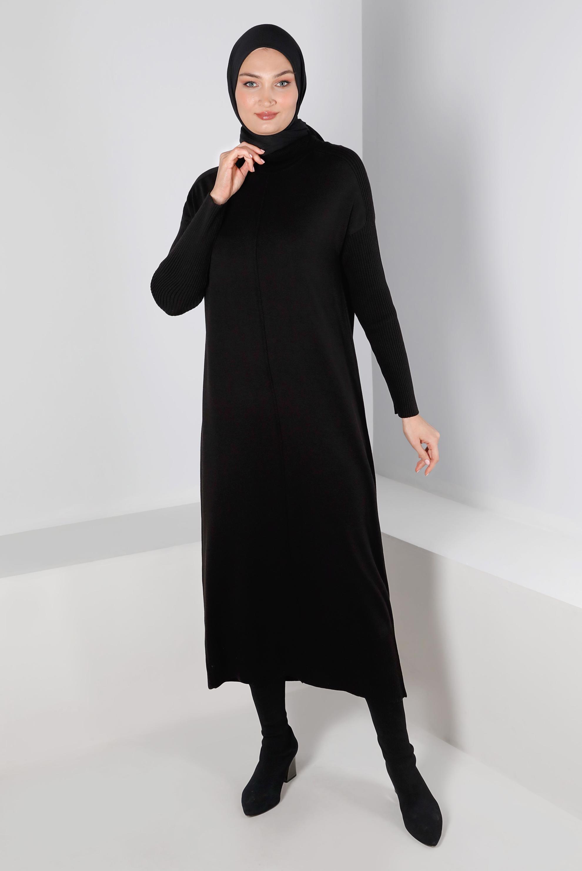 Tesettür giyim SİYAH BALIKÇI YAKA BASIC TRİKO ELBİSE 43104 