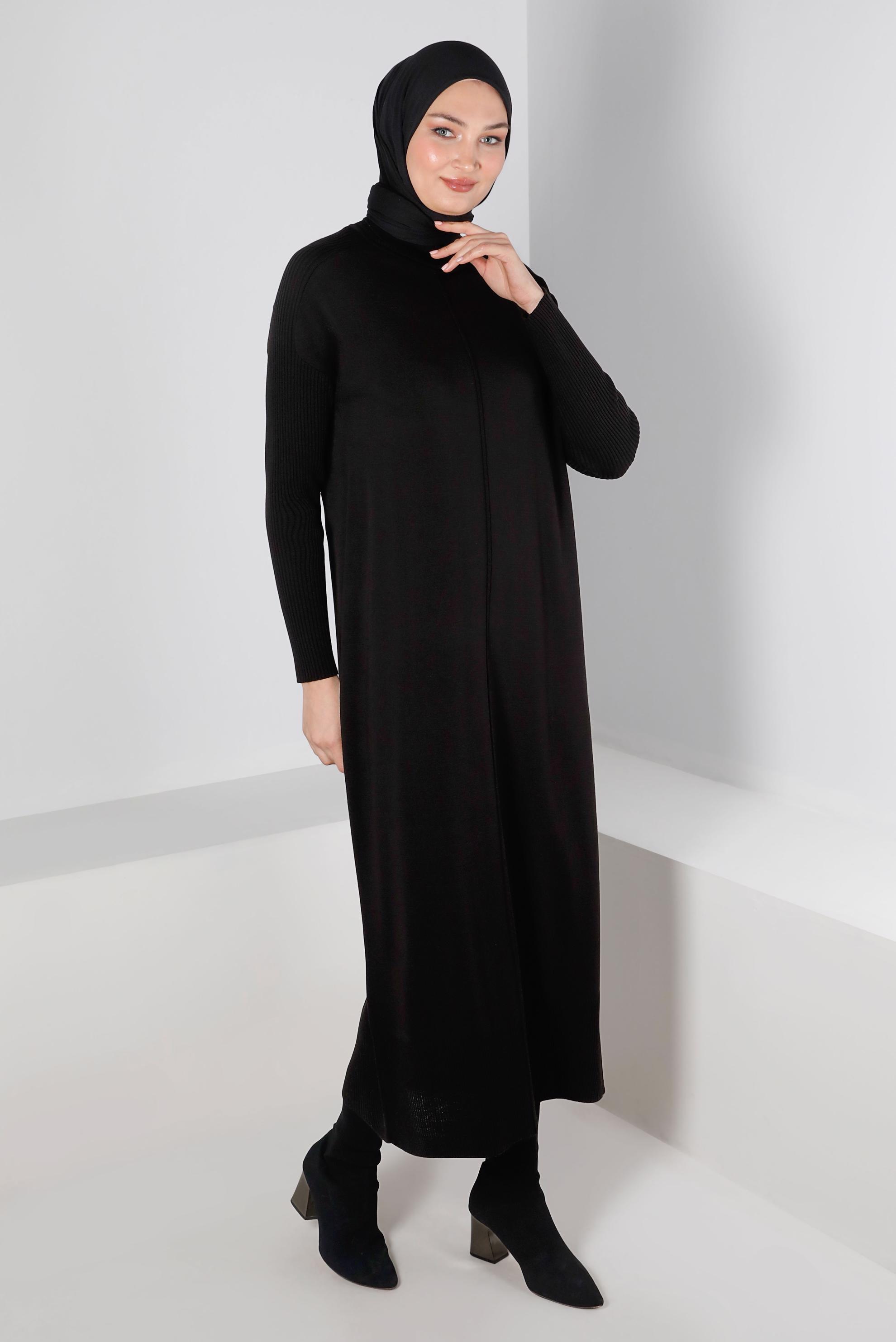 Tesettür giyim SİYAH BALIKÇI YAKA BASIC TRİKO ELBİSE 43104 