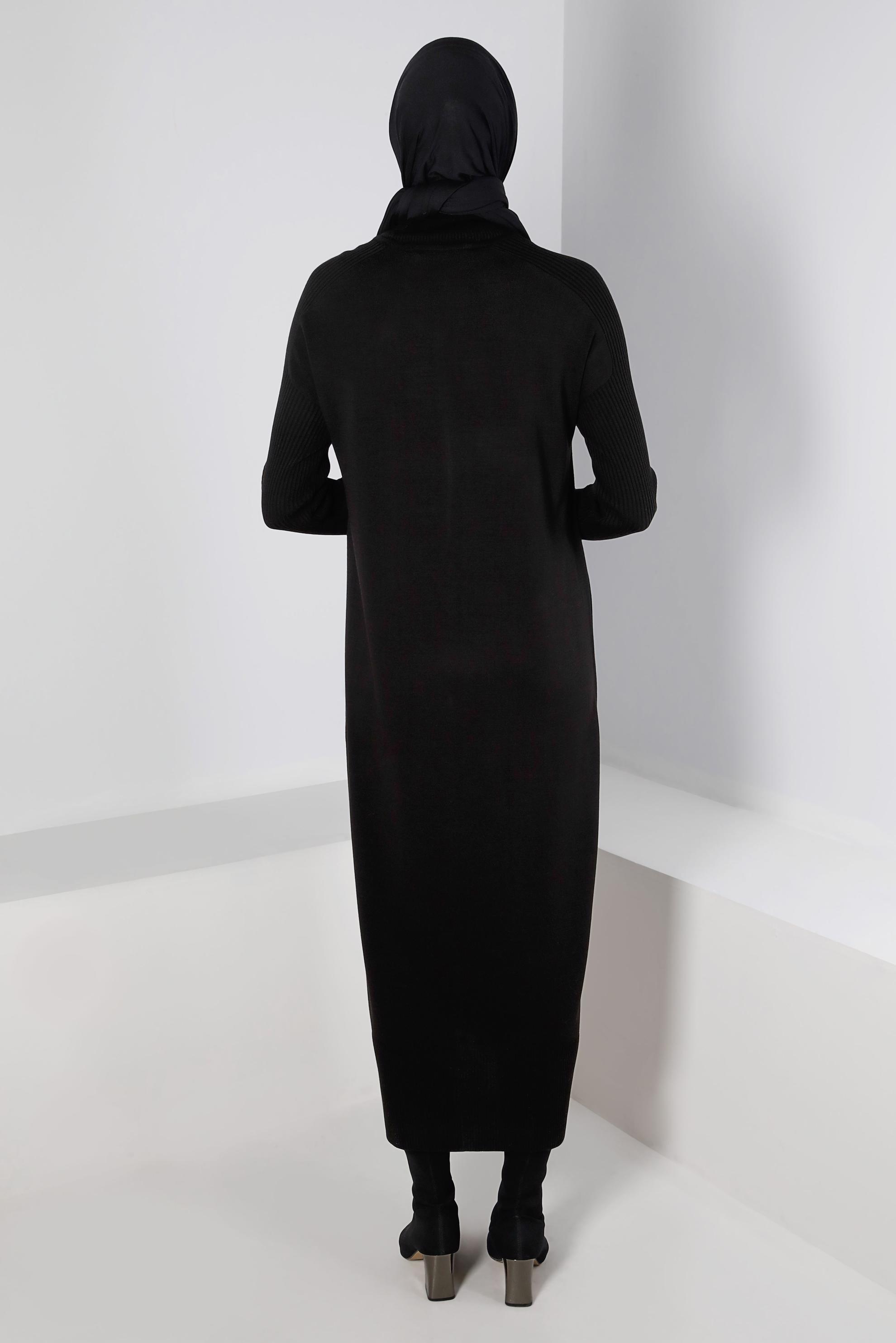 Tesettür giyim SİYAH BALIKÇI YAKA BASIC TRİKO ELBİSE 43104 