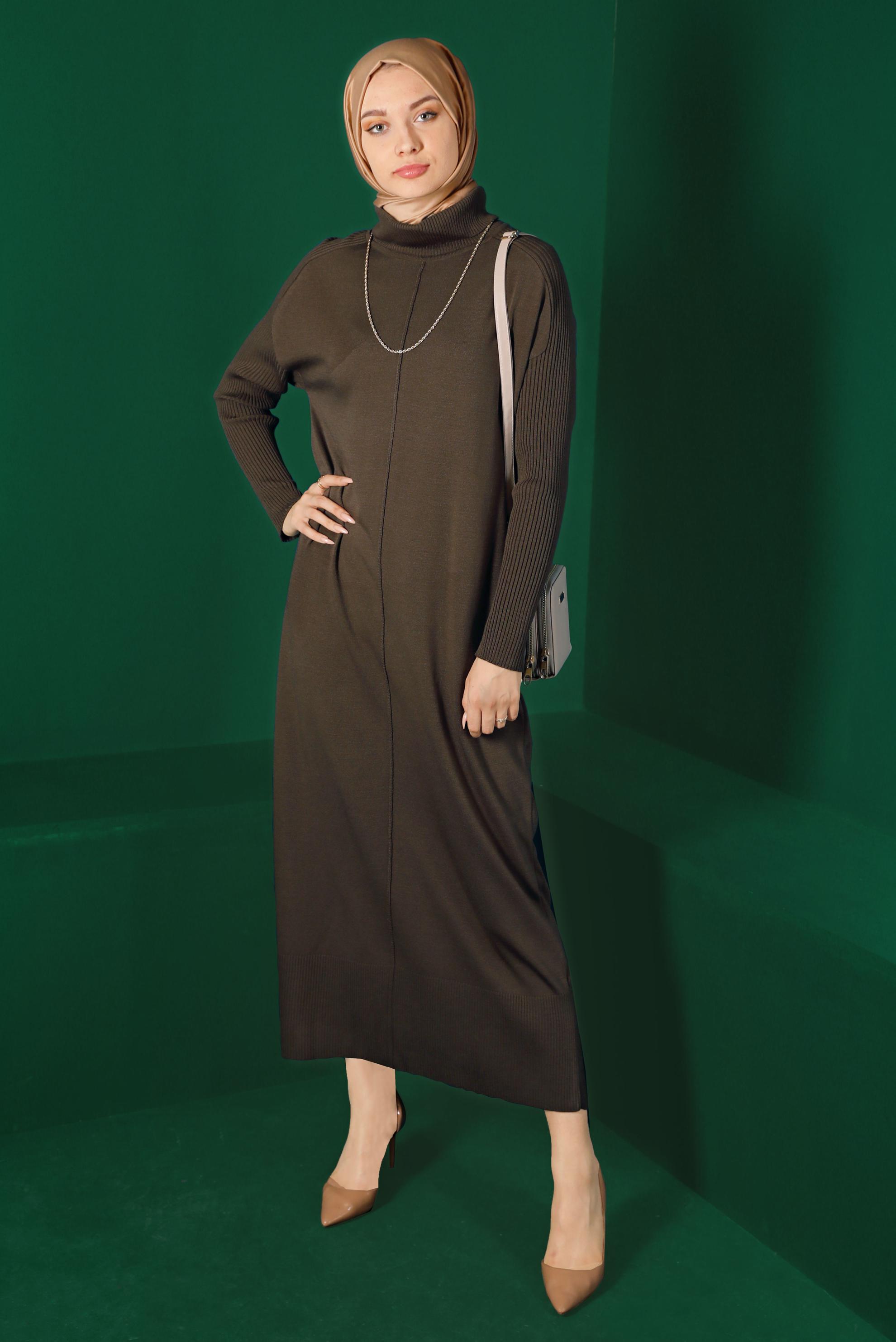 Tesettür giyim KAHVE BALIKÇI YAKA BASIC TRİKO ELBİSE 43104 