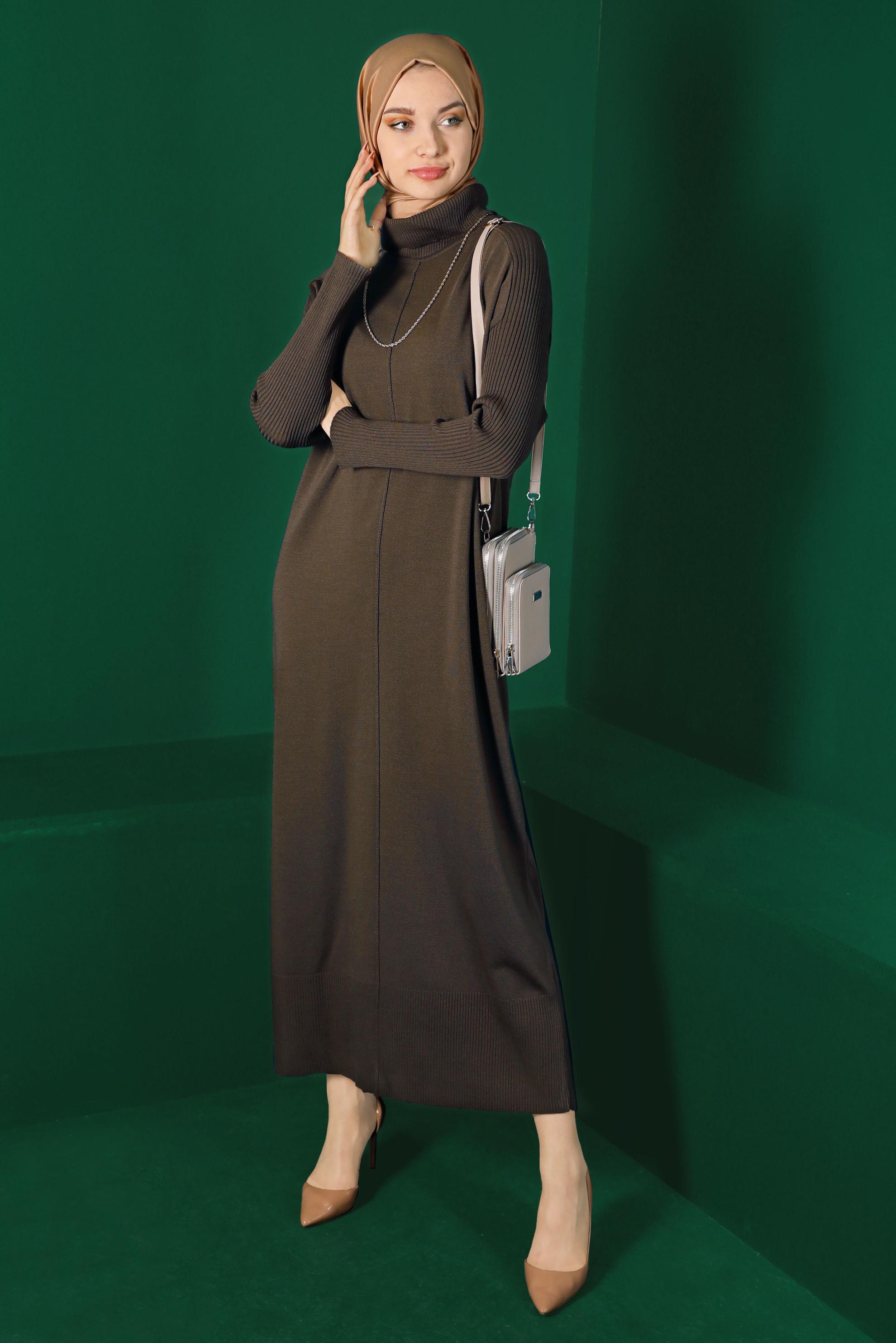 Tesettür giyim KAHVE BALIKÇI YAKA BASIC TRİKO ELBİSE 43104 