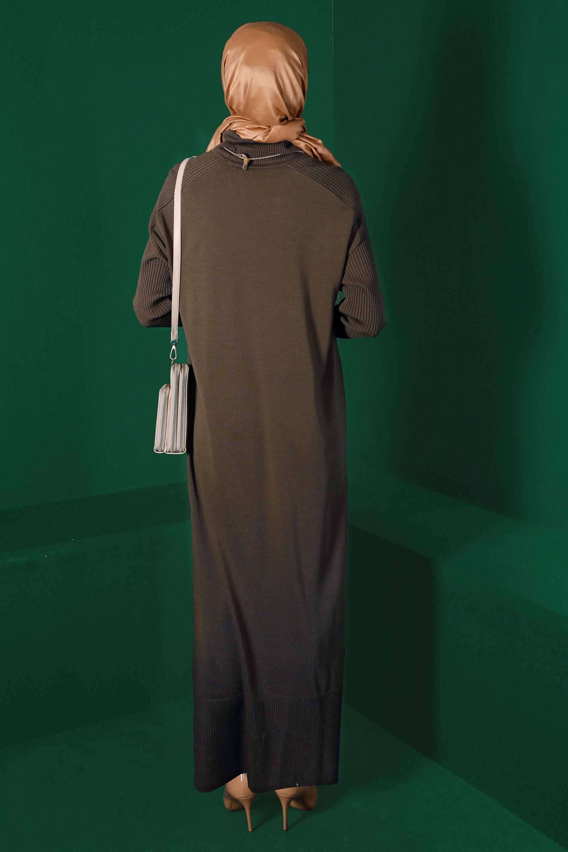 Tesettür giyim KAHVE BALIKÇI YAKA BASIC TRİKO ELBİSE 43104 