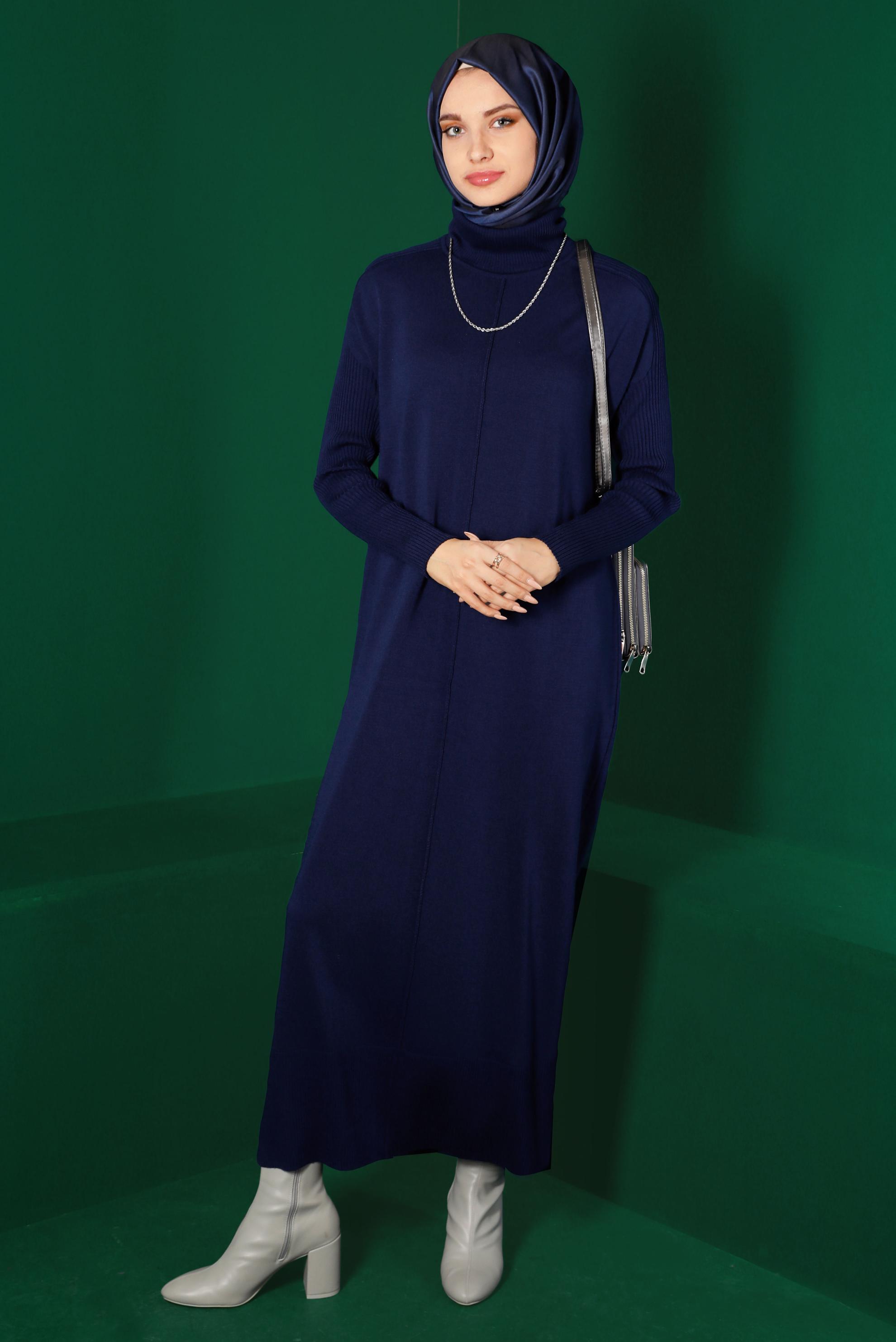 Tesettür giyim LACİVERT BALIKÇI YAKA BASIC TRİKO ELBİSE 43104 