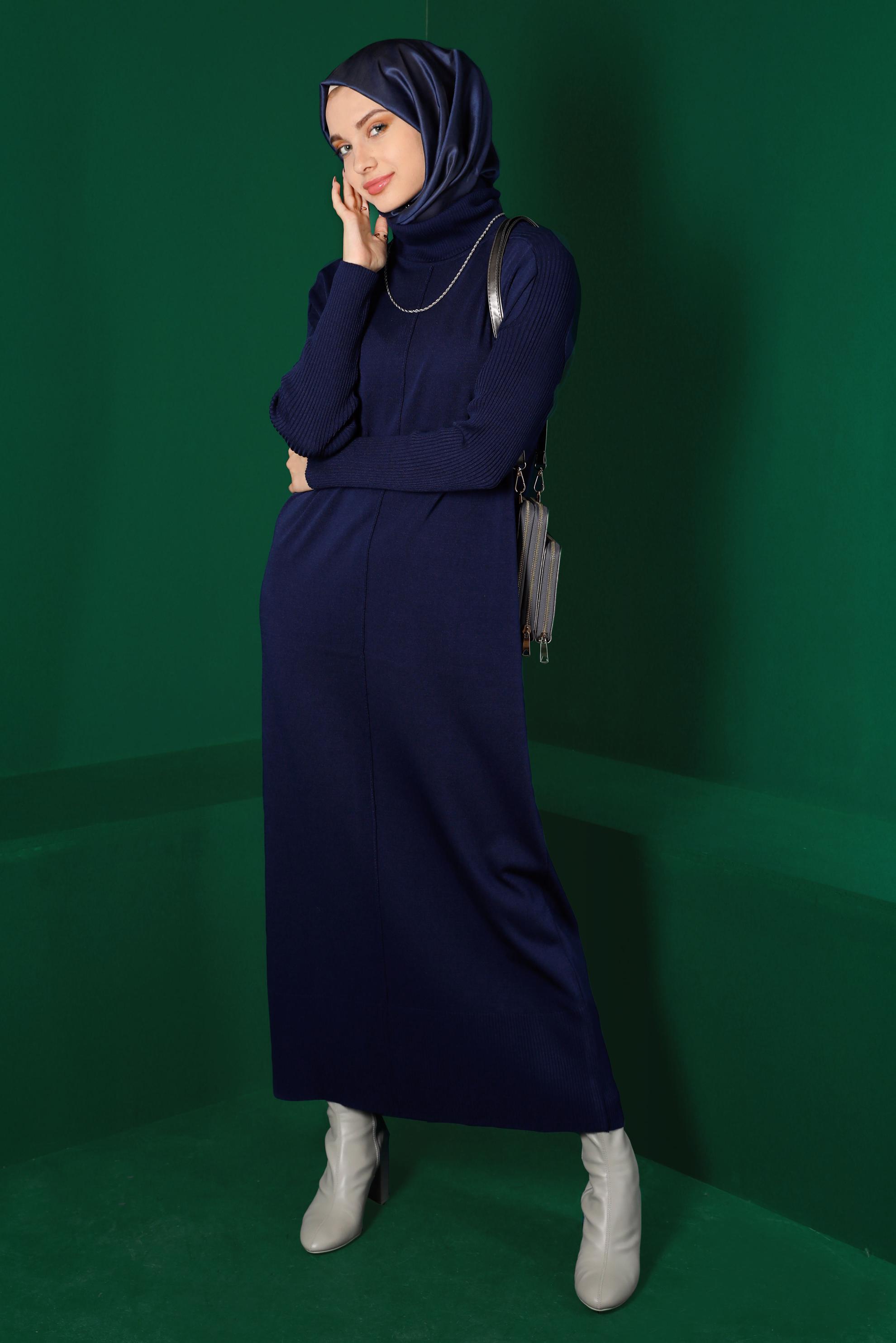 Tesettür giyim LACİVERT BALIKÇI YAKA BASIC TRİKO ELBİSE 43104 