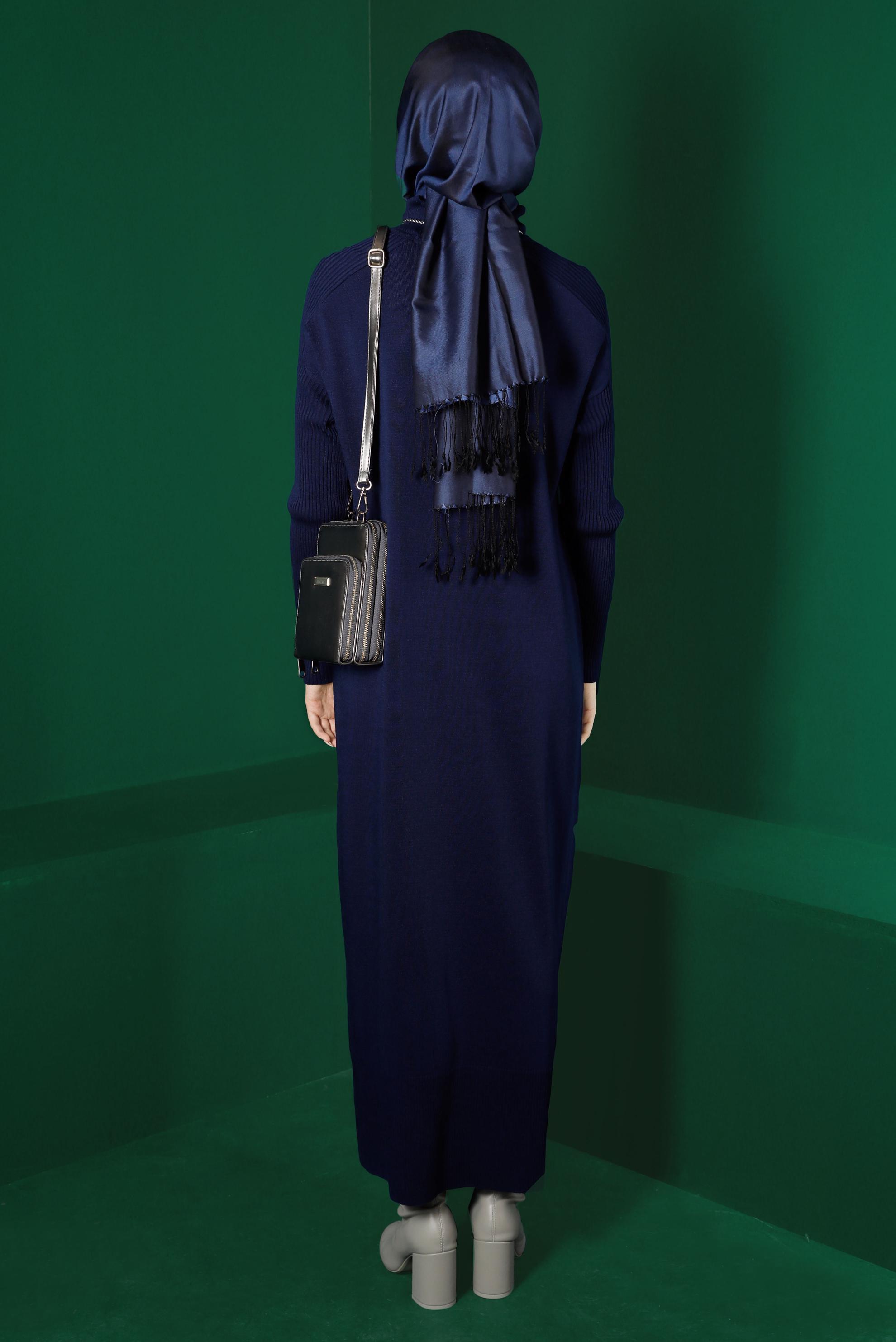 Tesettür giyim LACİVERT BALIKÇI YAKA BASIC TRİKO ELBİSE 43104 