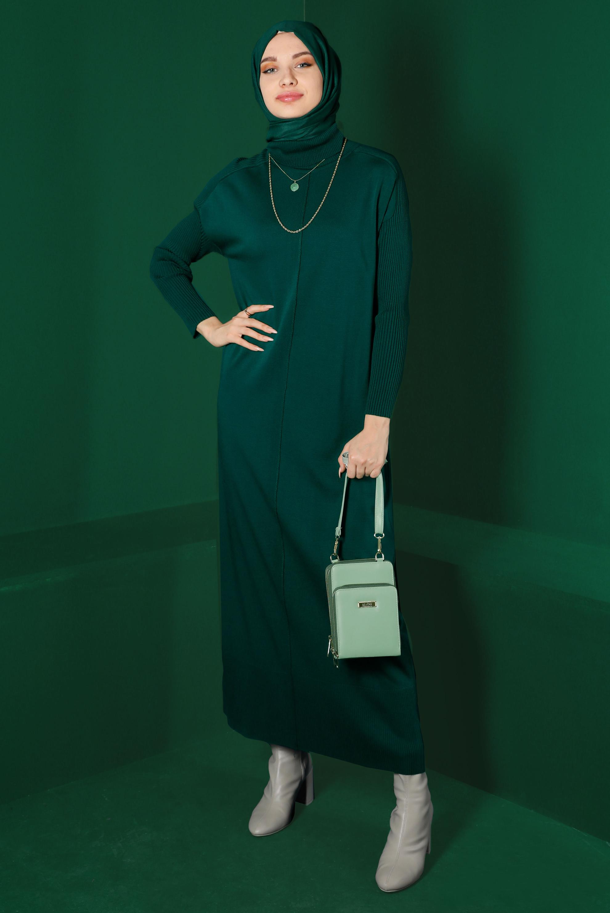 Tesettür giyim YEŞİL BALIKÇI YAKA BASIC TRİKO ELBİSE 43104 