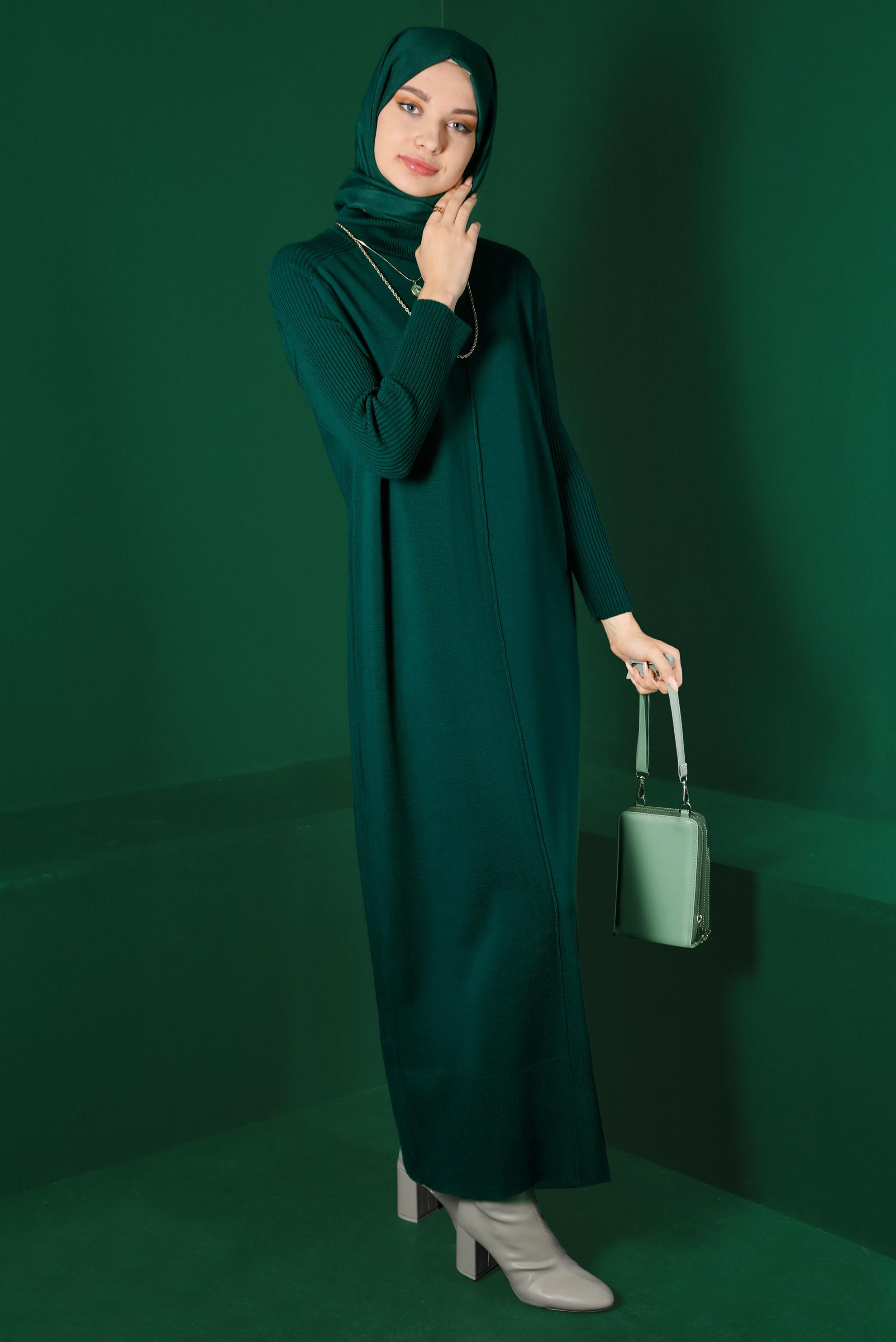 Tesettür giyim YEŞİL BALIKÇI YAKA BASIC TRİKO ELBİSE 43104 