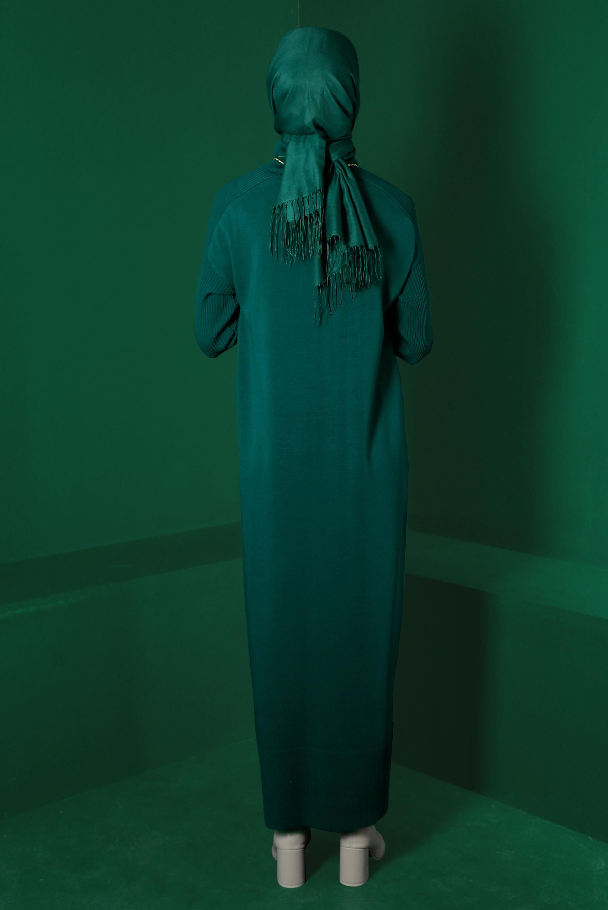 Tesettür giyim YEŞİL BALIKÇI YAKA BASIC TRİKO ELBİSE 43104 