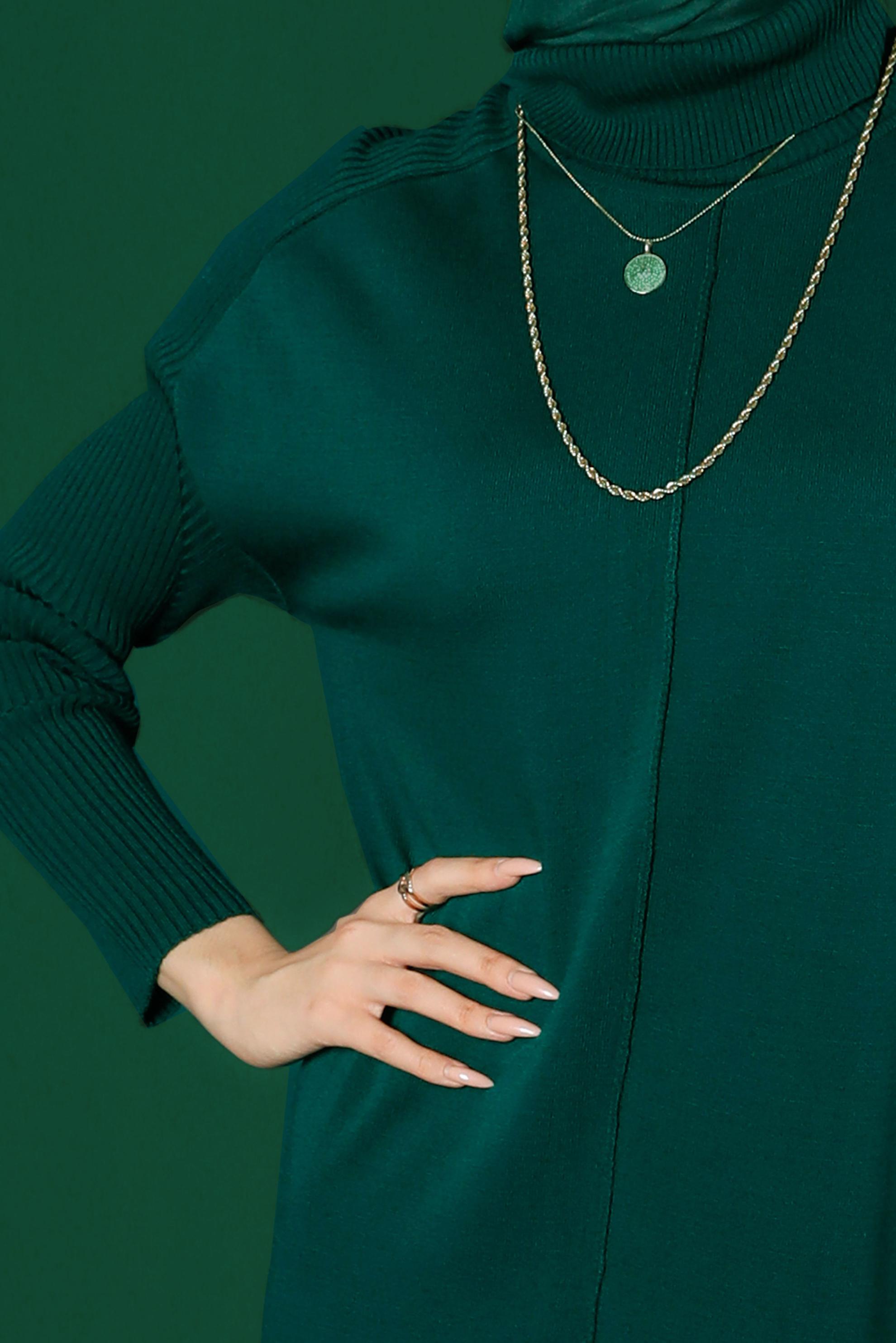 Tesettür giyim YEŞİL BALIKÇI YAKA BASIC TRİKO ELBİSE 43104 